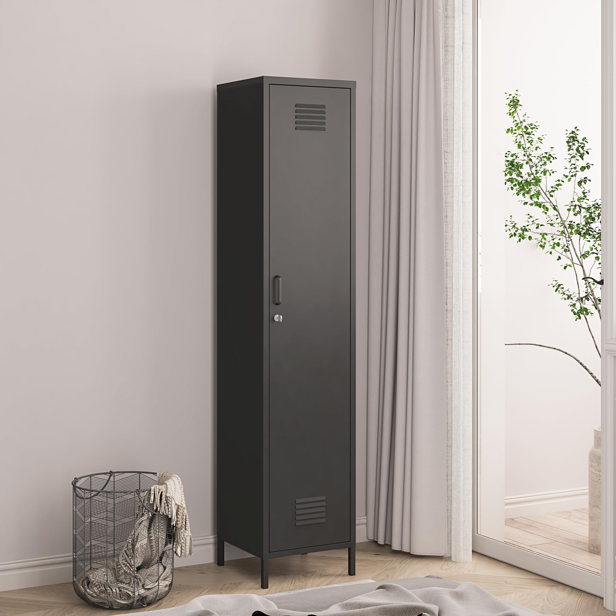 [en.​casa] Armoire Métallique Vestiaire Casier avec Fentes d'Aération Barre de Penderie Meuble de Rangement Style Industriel pour Chambre Bureau Atelier Acier 180 x 38 x 38 cm Noir Mat