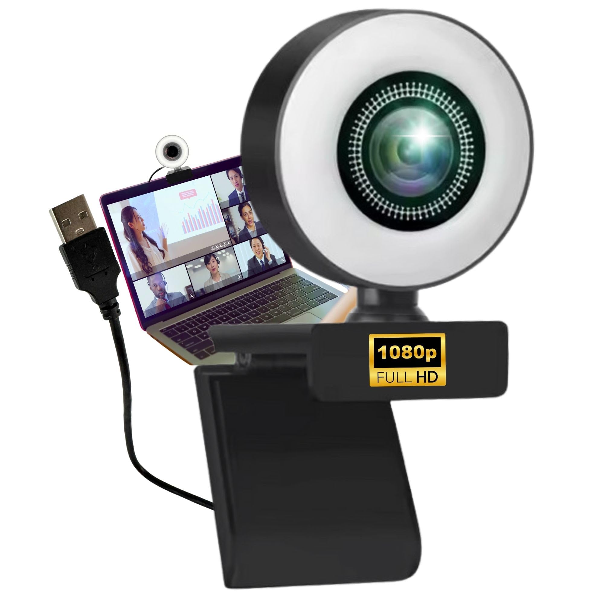 TronicXL Webcam Full HD con luce ad anello lampada 1920 x 1080p autofocus I 2 microfoni cancellazione del rumore sfondo I per streamer streaming videoconferenze gaming computer computer portatile per