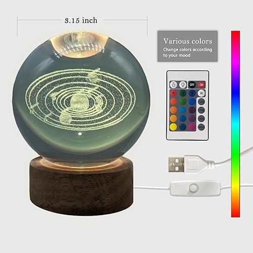 Miniatura 2 de TUUWAI Bola de cristal del sistema solar 3D con lámpara LED, luz nocturna de base de madera colorida con bola brillante extraíble, luz cambiante de