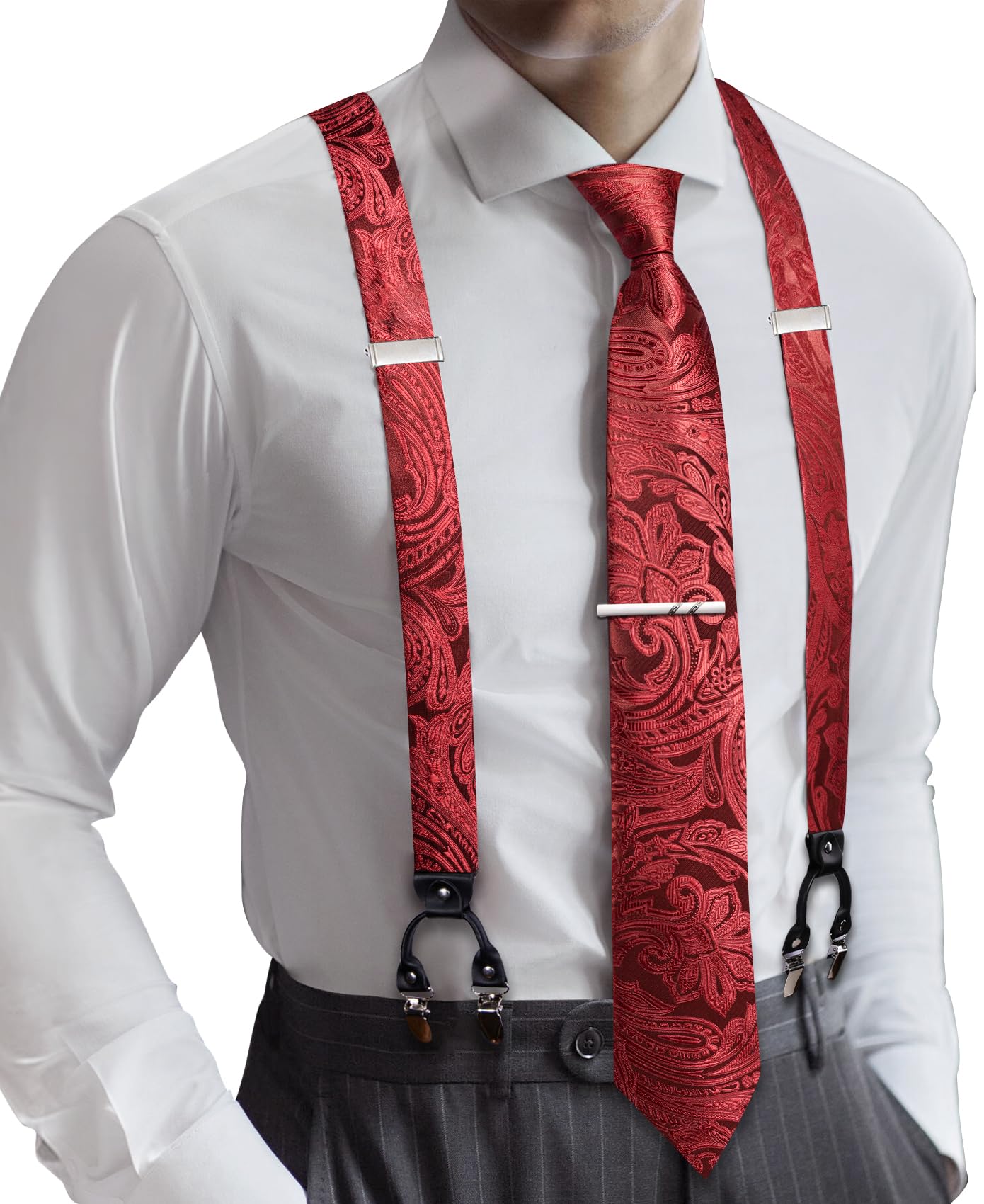 Barry.Wang Men Suspender Tie Sets Elastic Heavy 6 Clips Hanky Cufflink 5PCS | Classic Suspender Set for Man Necktie Y Type Adjustable Heavy Duty 6 Clips Braces Pocket Square Cufflinks Party