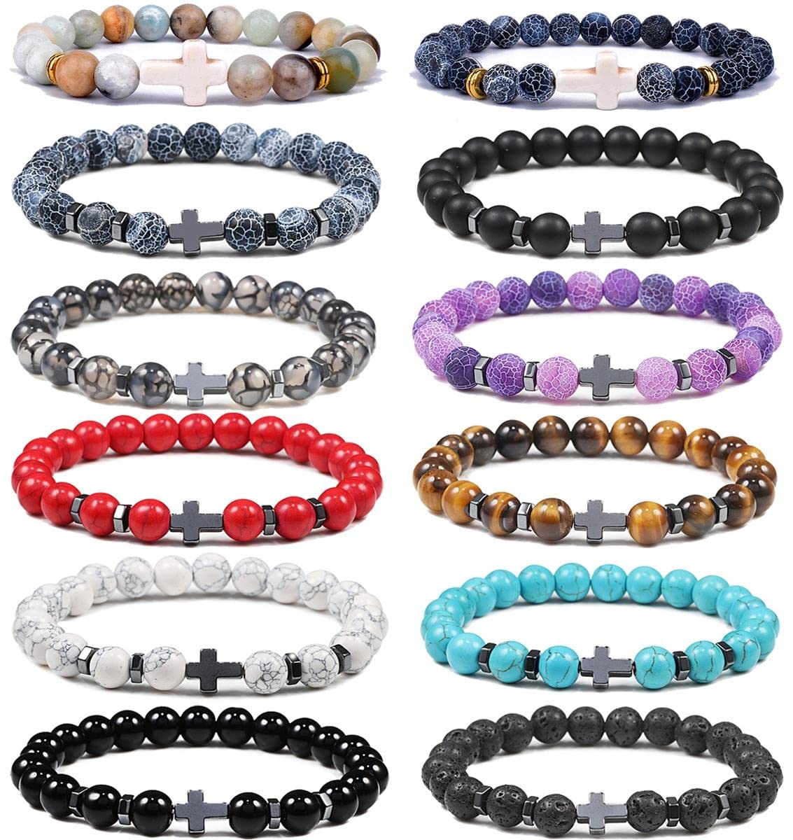 Jewdreamer12Pcs 8mm Lava Rock Stone Beaded Bracelet for Men Women Anxiety Stretch Elastic Yoga Healing Bracelet Set