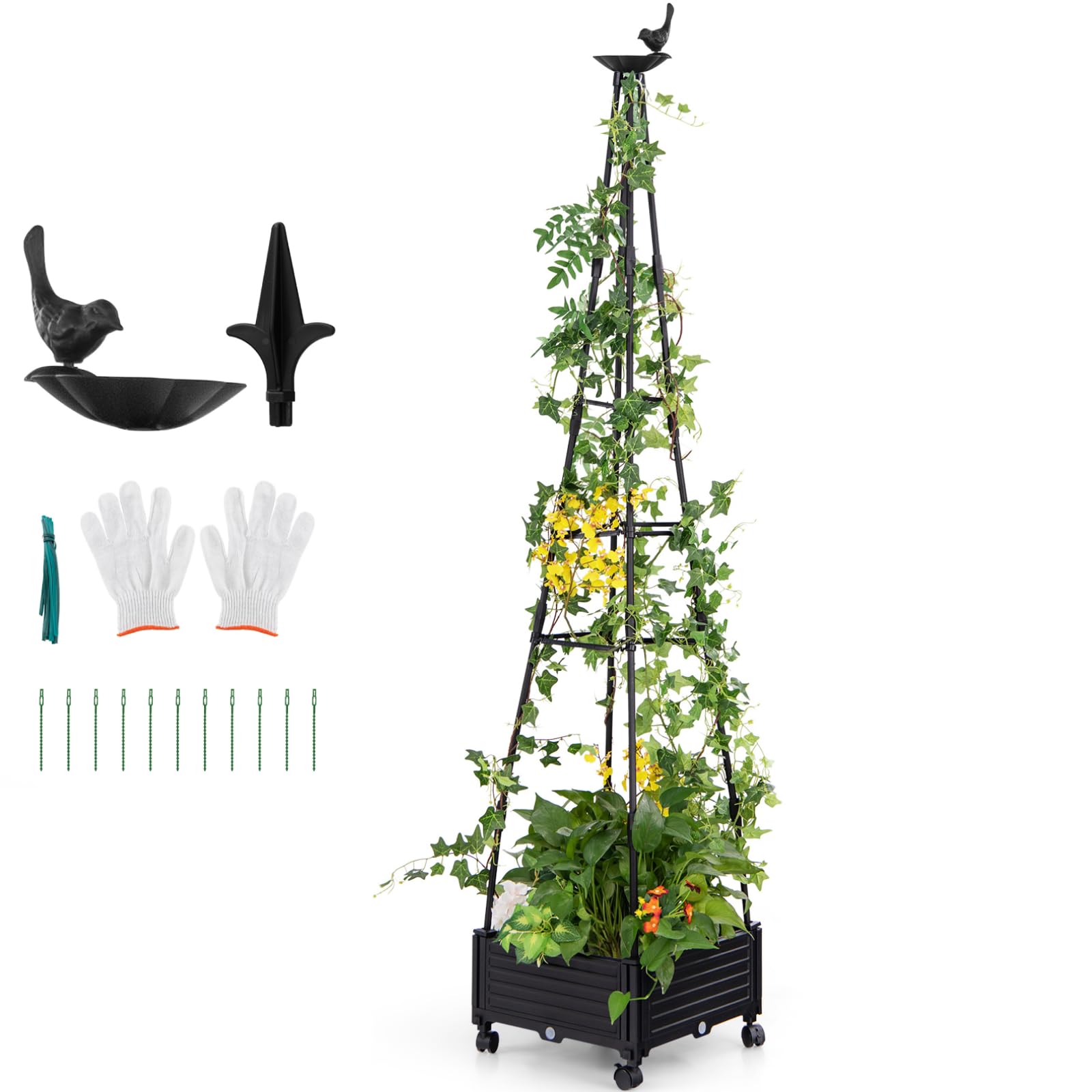 GiantexUK Raised Garden Bed with Obelisk Trellis, Rolling Garden Planter Pox with Wheels, Water Separation Net & Drainage Holes, Outdoor Elevated Flower Vegetables Herbs Climbing Plants Grow Box