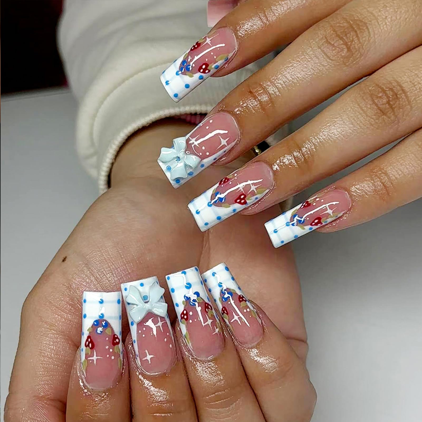 Square Press on Nails Medium Fake Nails with Designs Bow Stick on Nail Strawberry Acrylic False Nail French Glossy Artificial Nail Full Cover Glue on