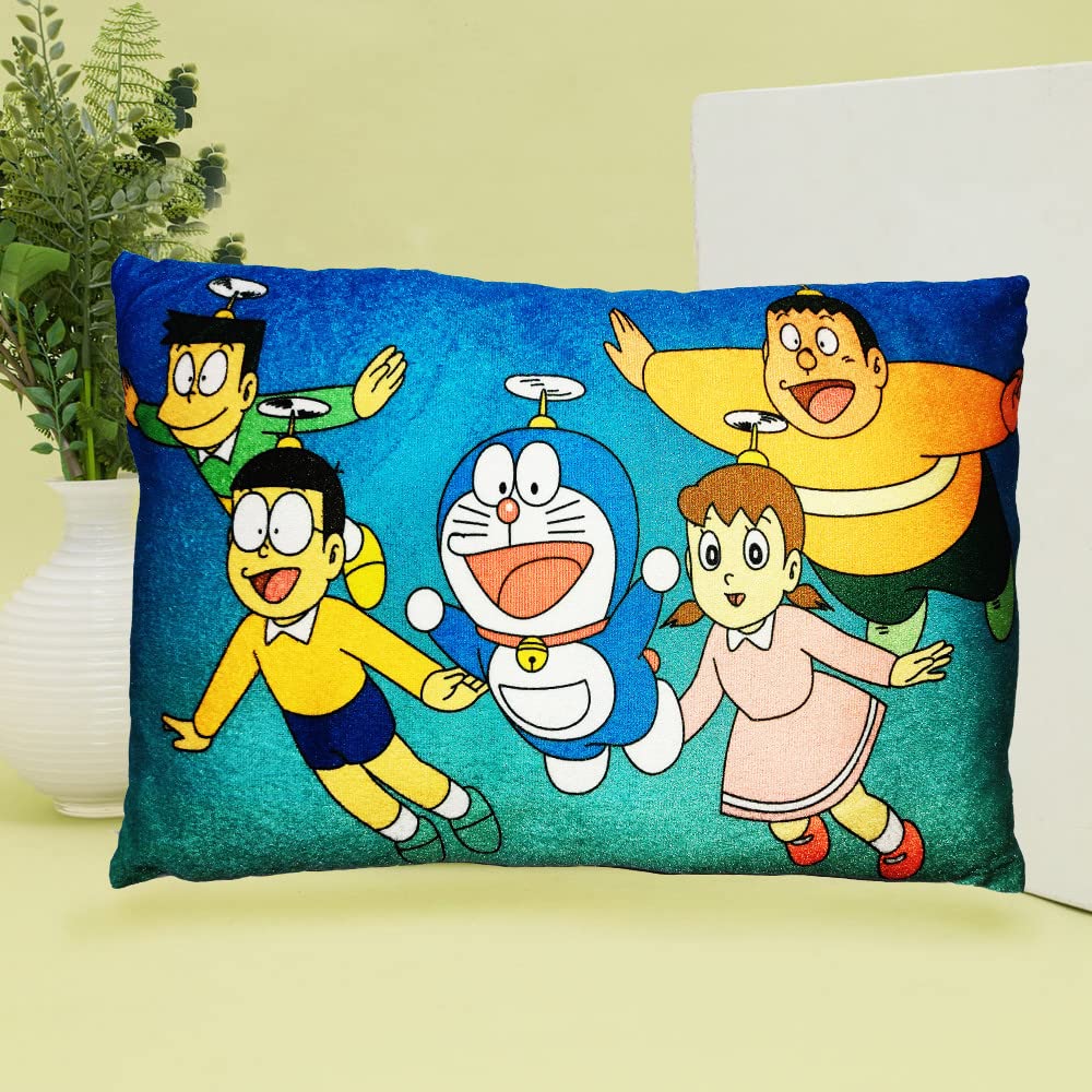 JUZZII Velvet Cartoon Characters Dore-Mon Cushion Decorative Throw Pillow for Sofa, Home, car, Decorative Square Cushion Gift for Boys Girls Kids Friends and Home Dcor (Size 12x16 Inch)