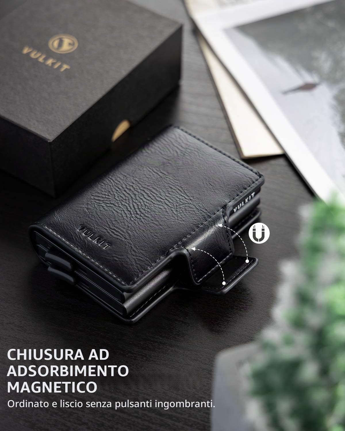 VULKIT Porta Carte di Credito Uomo e Donna Doppio Portafoglio Uomo Pelle Porta Tessere RFID Schermato con Chiusura Magnetica