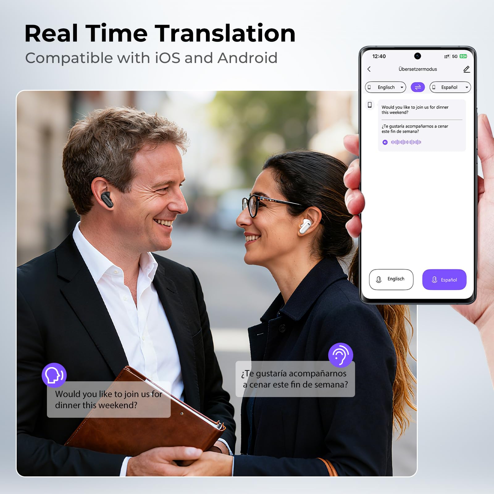 Traducteur Écouteur NE20 OWS Sans Fil 134 Langues IA Bluetooth 5.4 Écran LED Blanc