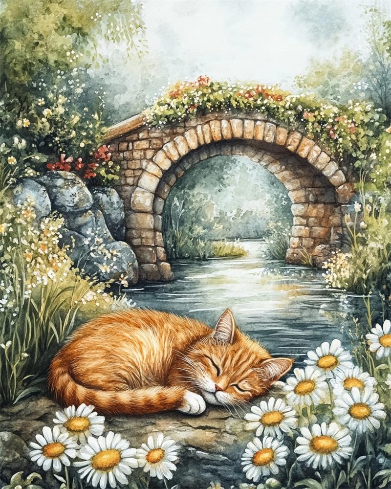 Henypt Cross Stitch Kits, Cat and Flowers Easy Patterns Embroidery Kit Supplies, Stamped Options for Adults Beginners (Stamped)