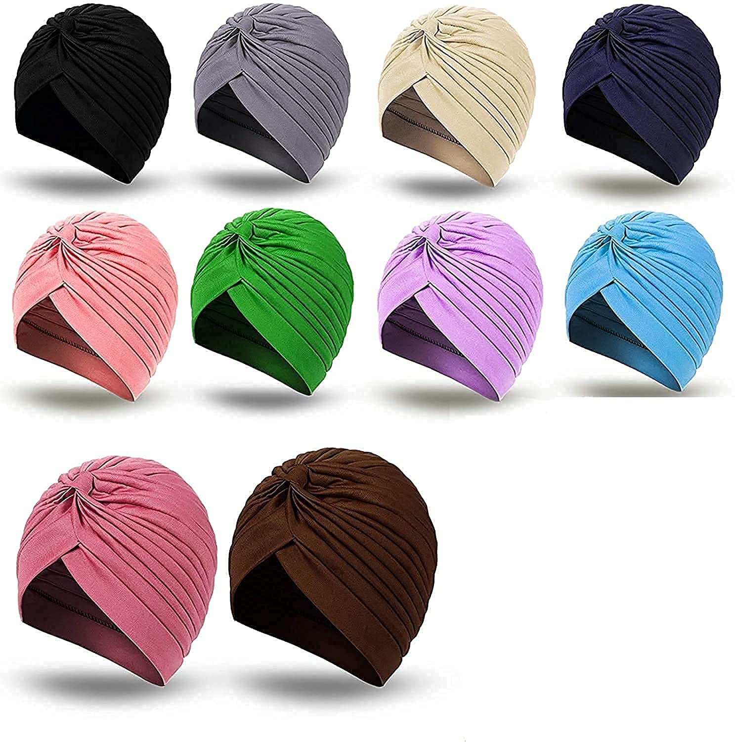 Women Polyester Blend 10 Pieces Stretchy Polyester Turban Pagri Head Beanie Cover India'S Hat Twisted Headwrap, Multicolor, Free Size-image-27