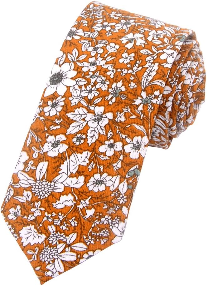 Kissvian Men's Cotton Skinny Tie with Floral Print Linen Casual Slim Tie Flower Neckties for Wedding Party