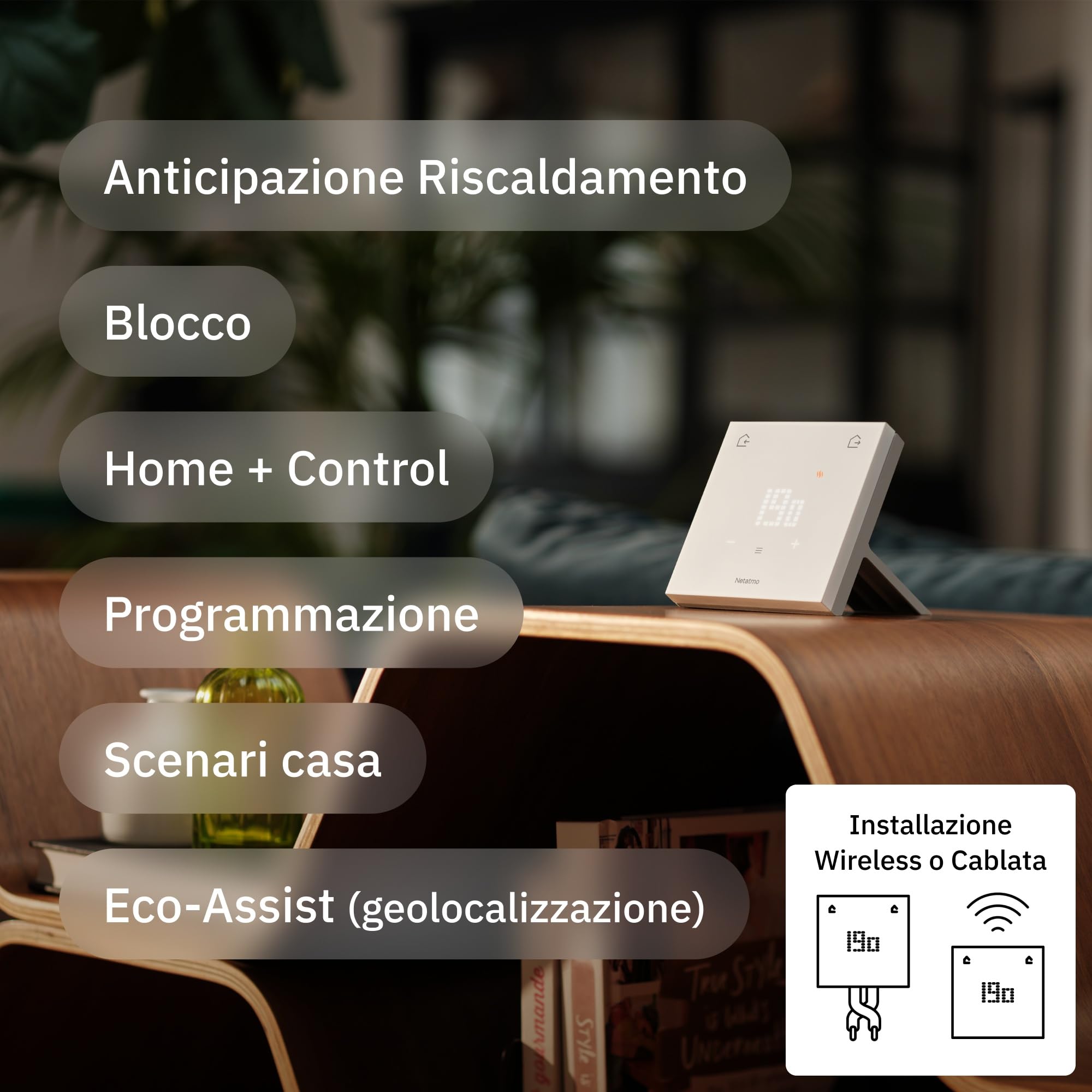 Netatmo Termostato Intelligente ORIGINAL per riscaldamento autonomo - Kit per Installazione Wireless o Cablata, Supporto Incluso, Compatibile con Matter (Alexa, Google Home, Casa di Apple) – ETP-AMZ