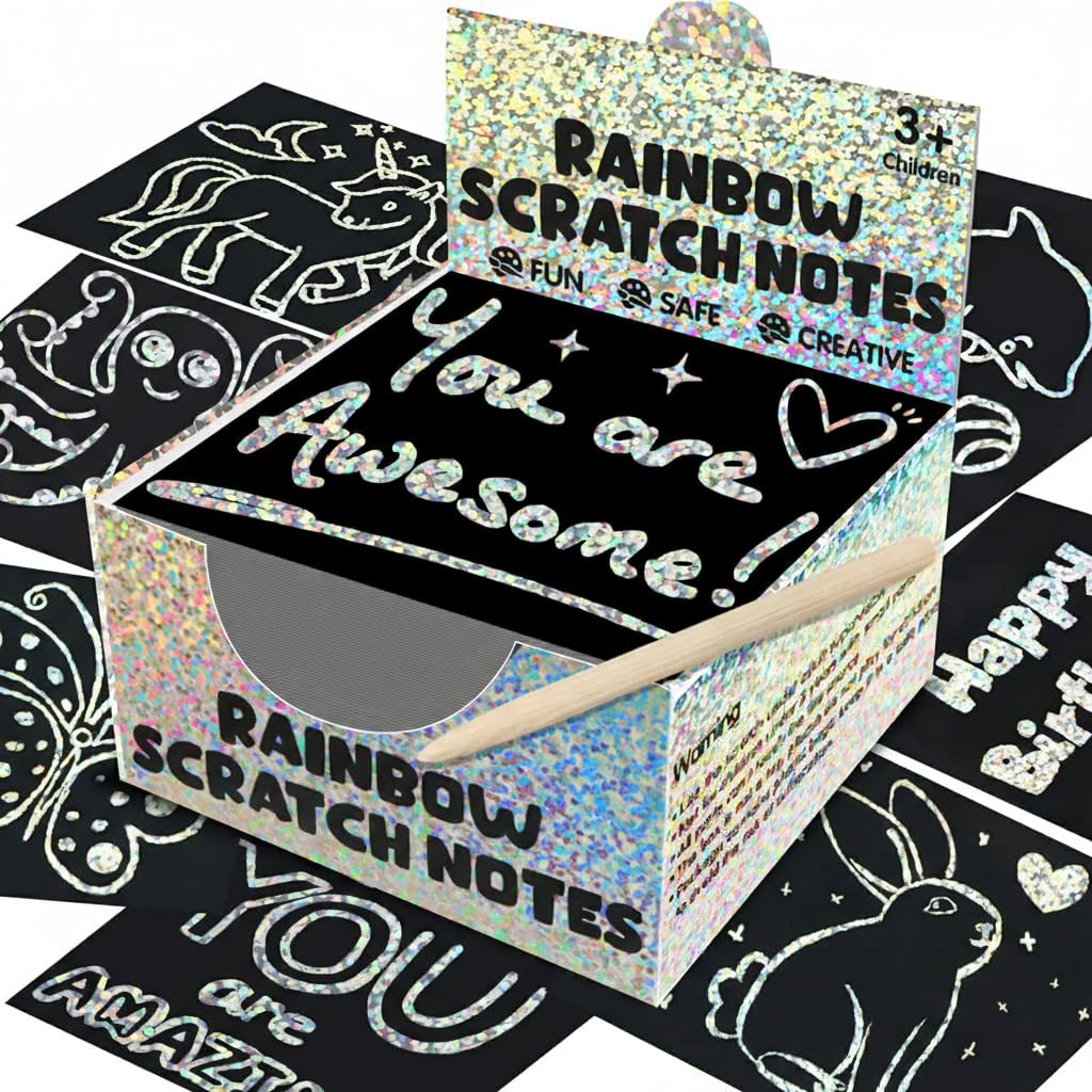 KASTWAVE Rainbow Scratch Paper, Scratch Art Glittery Notes, 165 Glitter Art Notes, Mini Scratch Art Cards, Great for Arts, Crafts, DIY Projects, Party Favors, Christmas Gifts for Boys & Girls