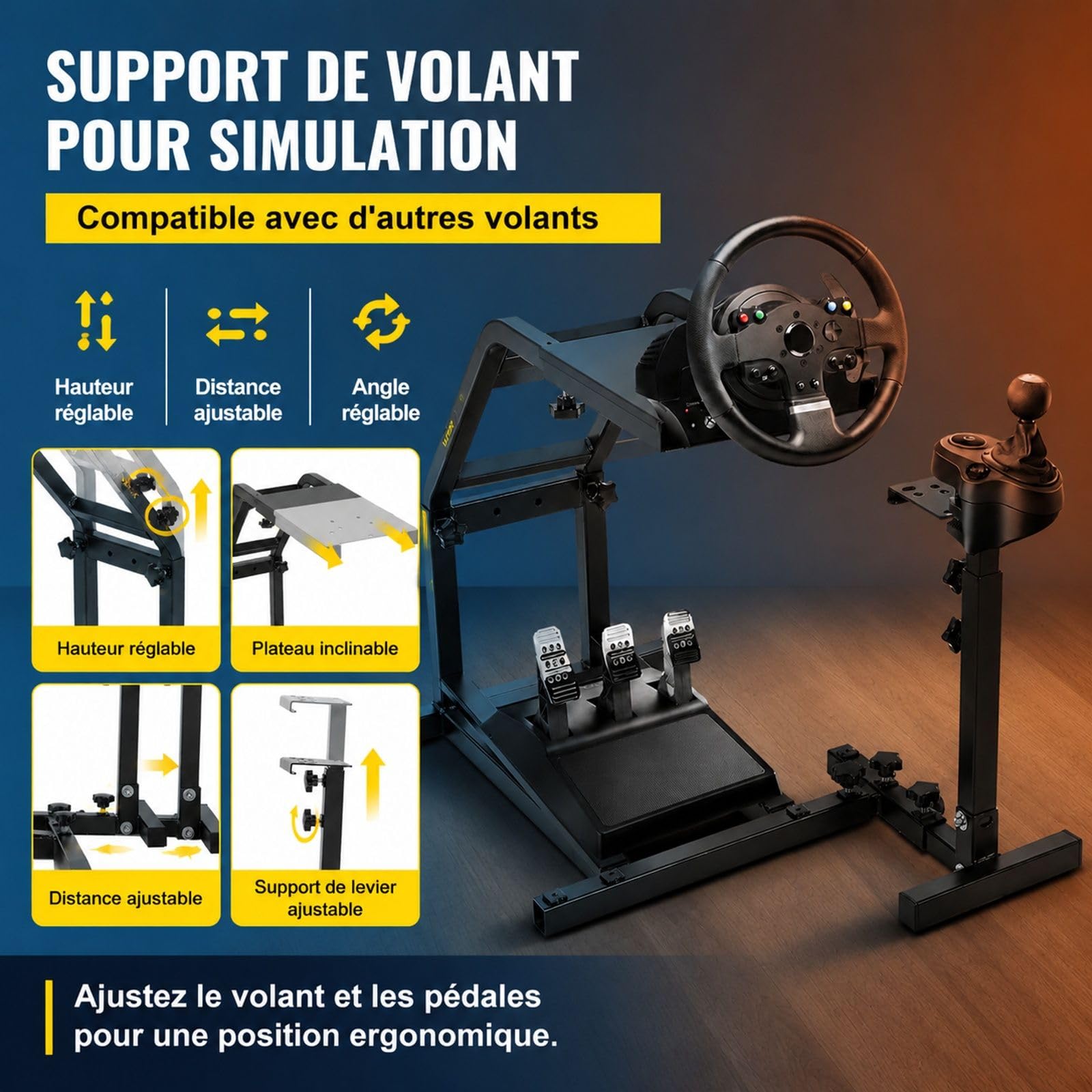 Support de volant de course noir réglable avec support pour pédales et levier de vitesse, pour installation de simulation à domicile