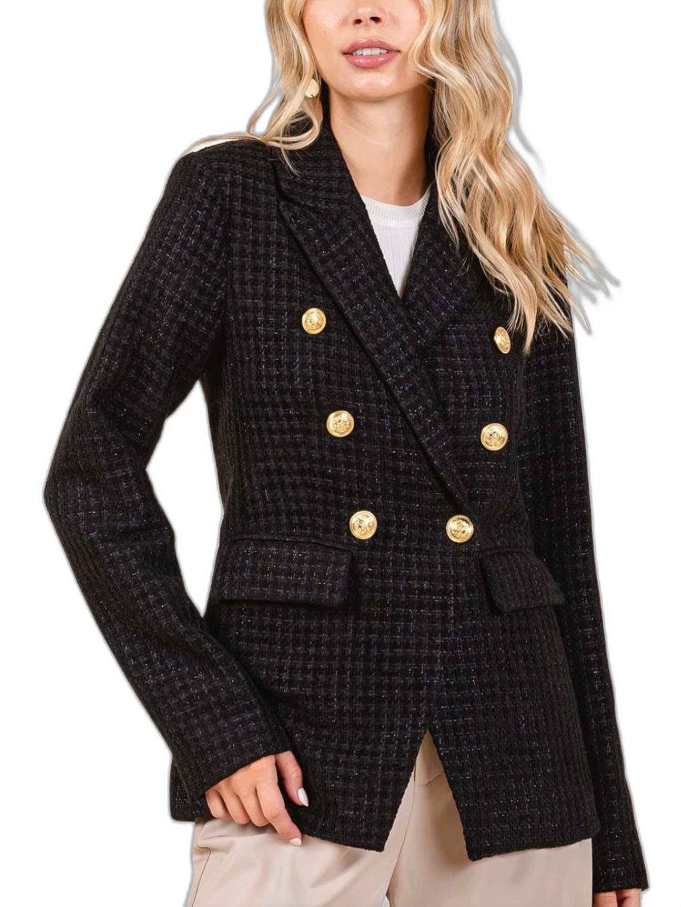 Womens Casual Blazer Elegant Tweed Double Breasted Gold Button Professional Black Office Jacket