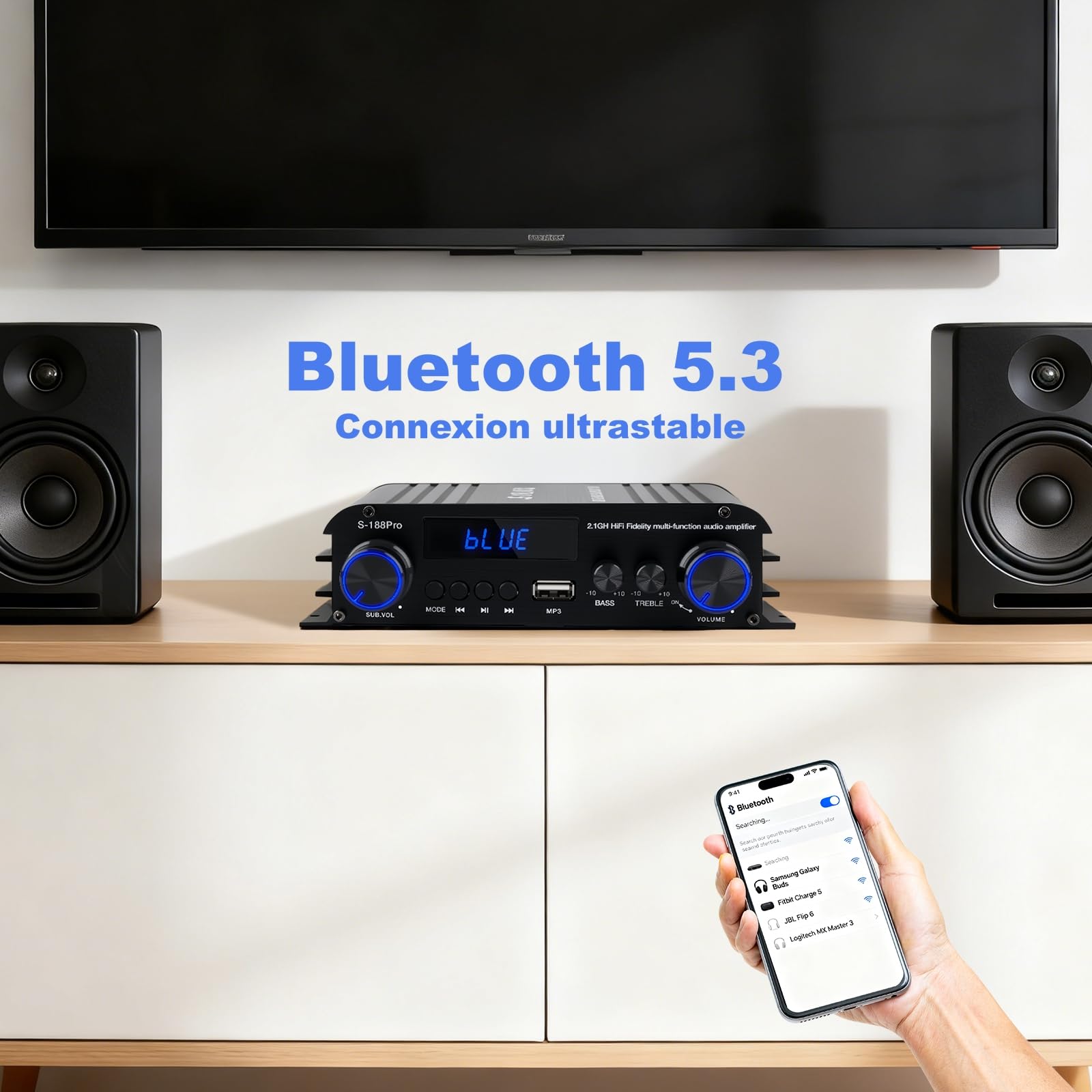 2.1 Chaîne Amplificateur Audio 50W×2 + Caisson de Basse 60W, 1000W Puissance de Crête, Bluetooth 5.3, Aux/USB/MP3, Réglage Grave/Aigu – Pour Home Cinéma, TV, Voiture