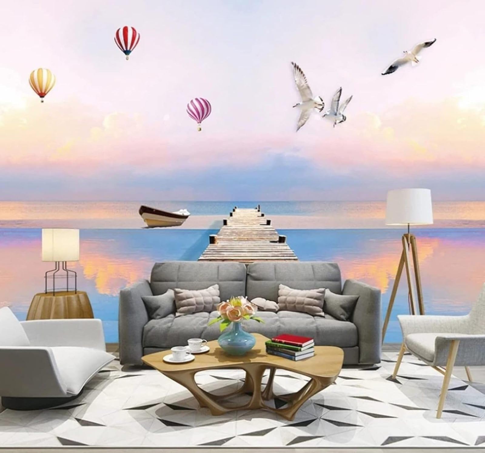 XLMING Beautiful Ocean Wooden Bridge Hot Air Balloon Sunset 3D Wallpaper Luxury Home Dining Decor Paste Sofa Living Room The Wall for Bedroom Mural-430cm×300cm