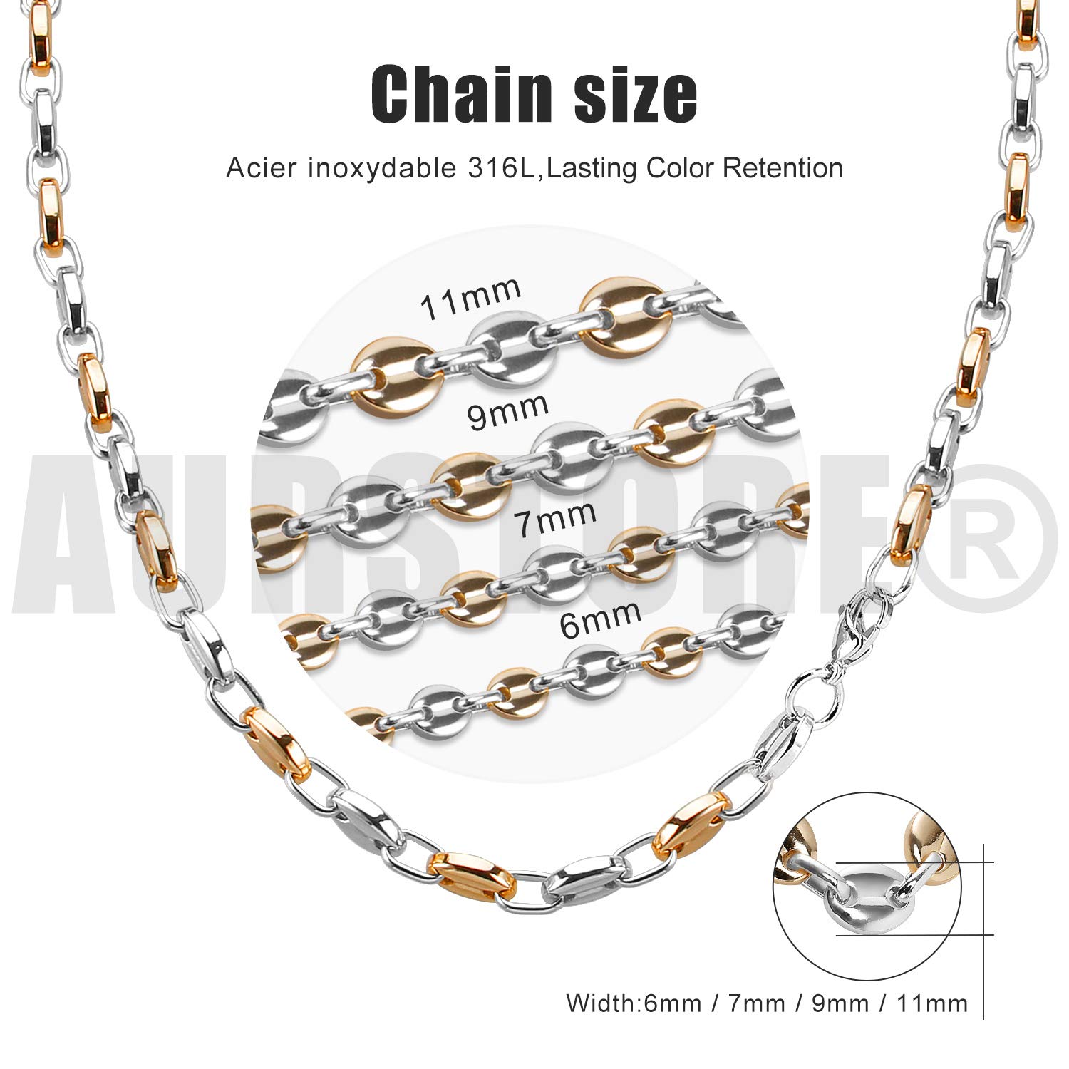 AURSTORE Parure Bracelet ET Chaine Homme Acier INOX Massif Grain DEà café Taille Couleurs AU Choix (9mm, Argenté-Or)