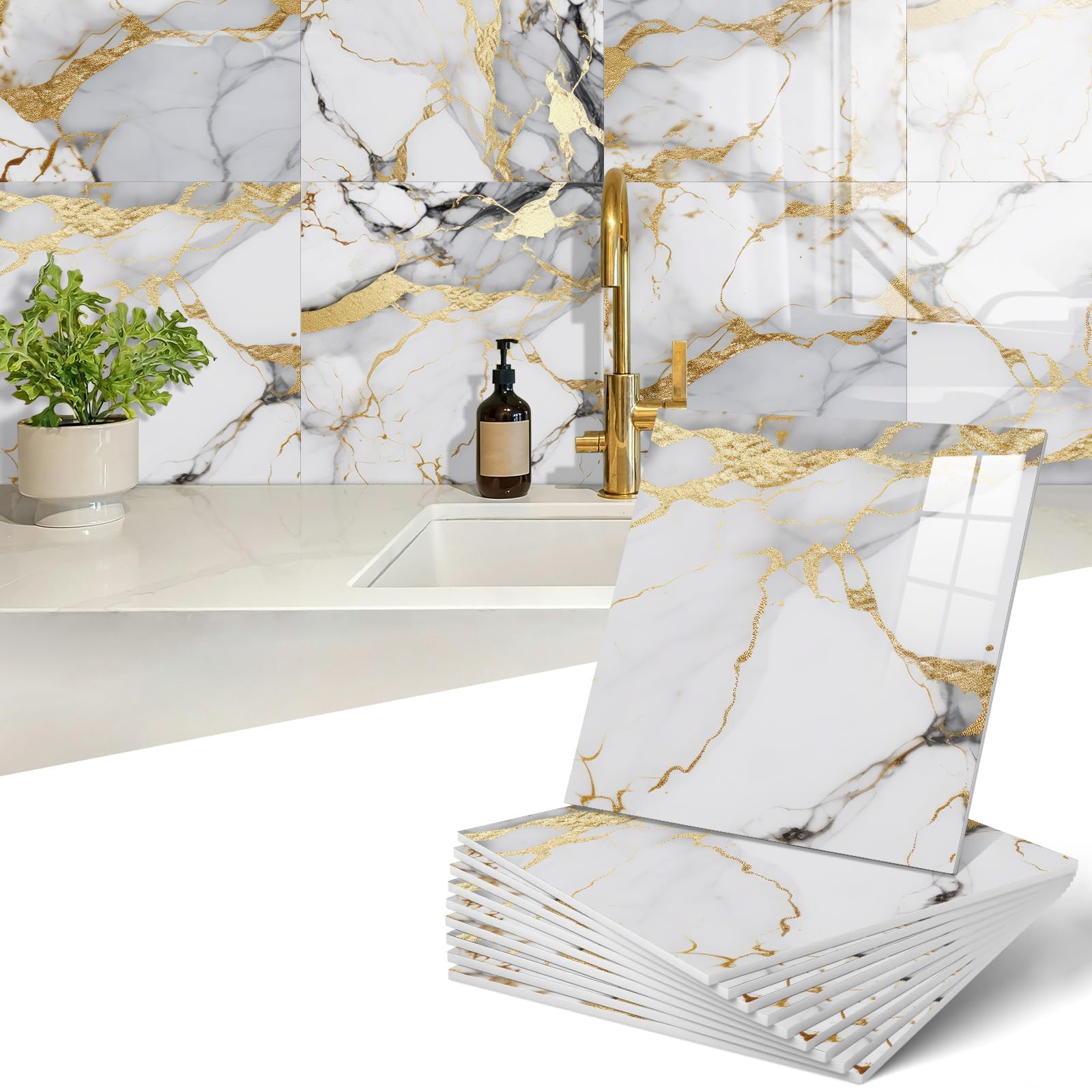 10-Sheet Peel and Stick Kitchen Backsplash Tiles,Waterproof Self Adhesive Marble Tile for Wall,PVC Wall Panels Shower Tiles for Bathroom and Kitchen Wall Decor-Not Real Tile(Marble Gold,12"x12")