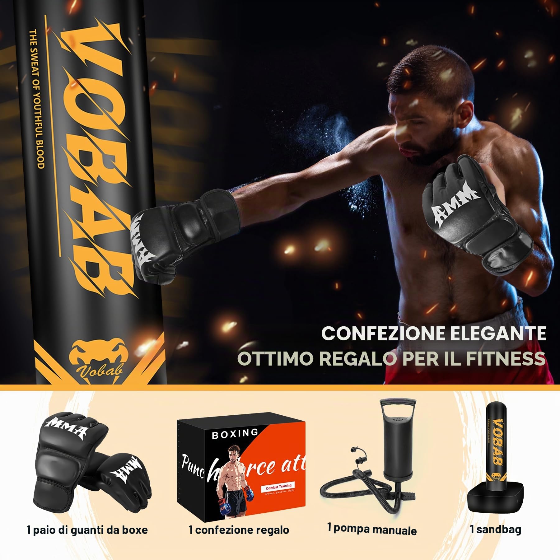 Sacco da boxe pesante con base quadrata, sacco da boxe, guantoni da boxe, pompa, confezione regalo di alta qualità per casa, palestra, MMA, fitness, sacco da boxe gonfiabile da uomo