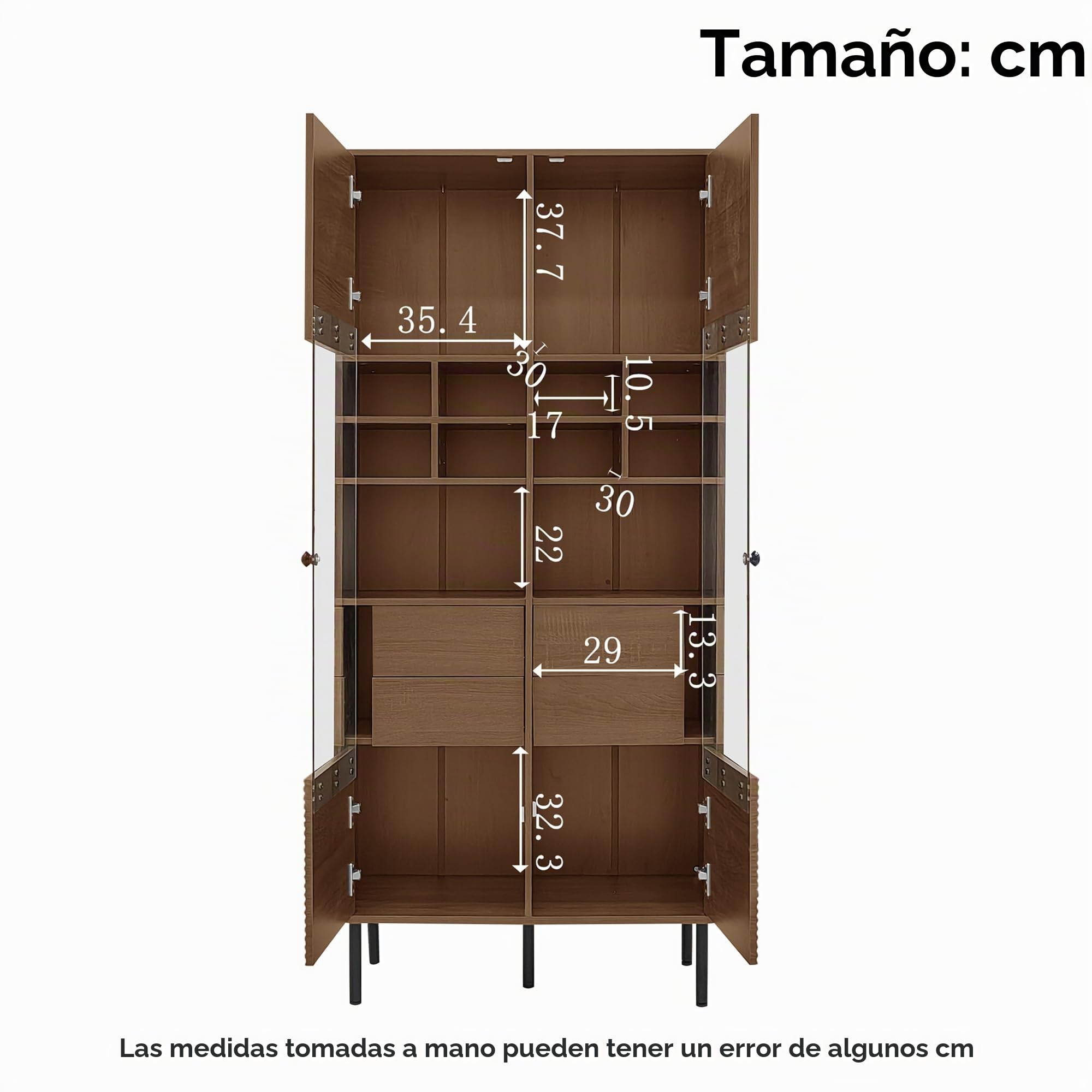Vitrina con varios estantes en acabado nogal: frontal de cristal + estantes + cajón oculto. Solución de almacenamiento versátil para baño/salón/oficina