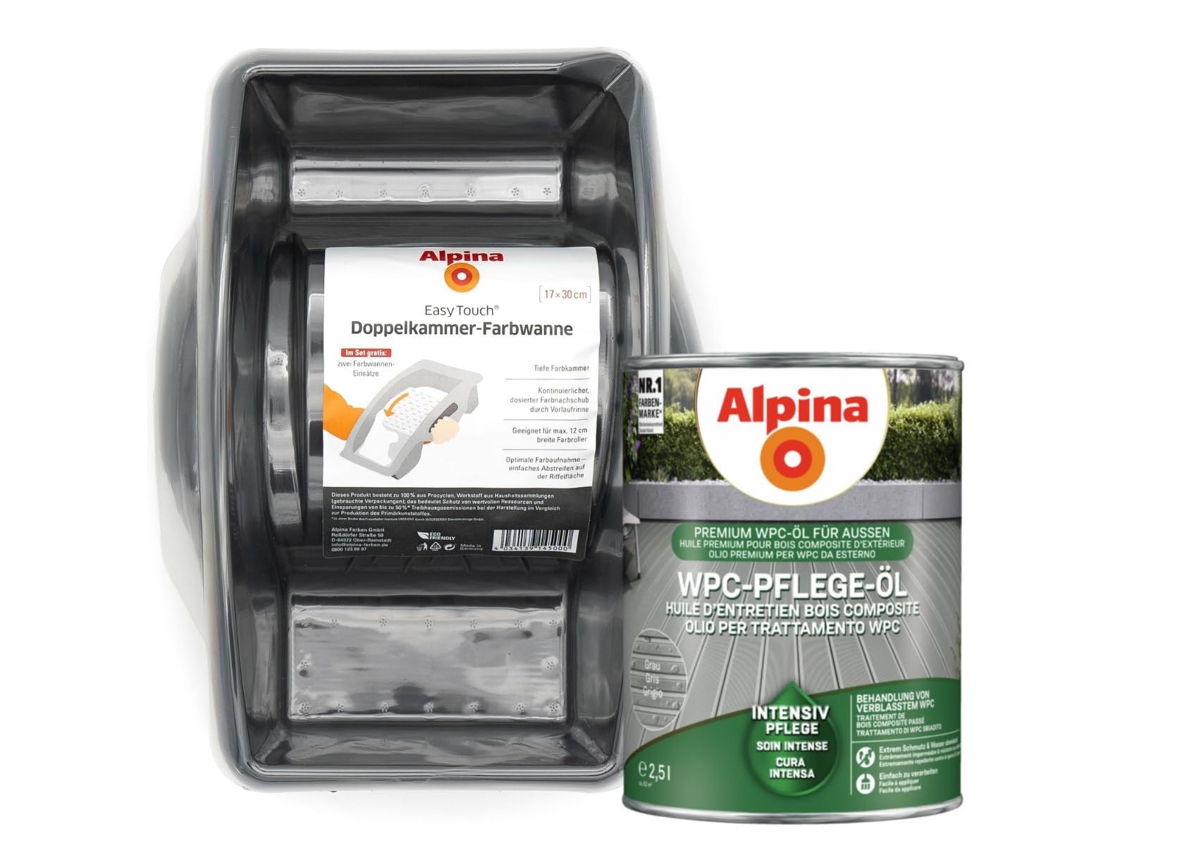 Alpina WPC Pflege-Öl Grau – inkl. EasyTouch Farbwanne & 2 Einsätze – 2,5 L