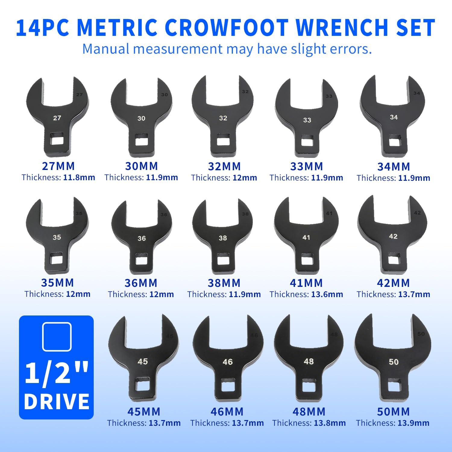 Zestaw kluczy nożnych Jumbo Crows 16 szt. 1/5.1 cm, metryczny 27-50 mm, wytrzymały zestaw kluczy łopatkowych ze stali węglowej z prętami przedłużającymi do motoryzacji, hydrauliki i maszyn