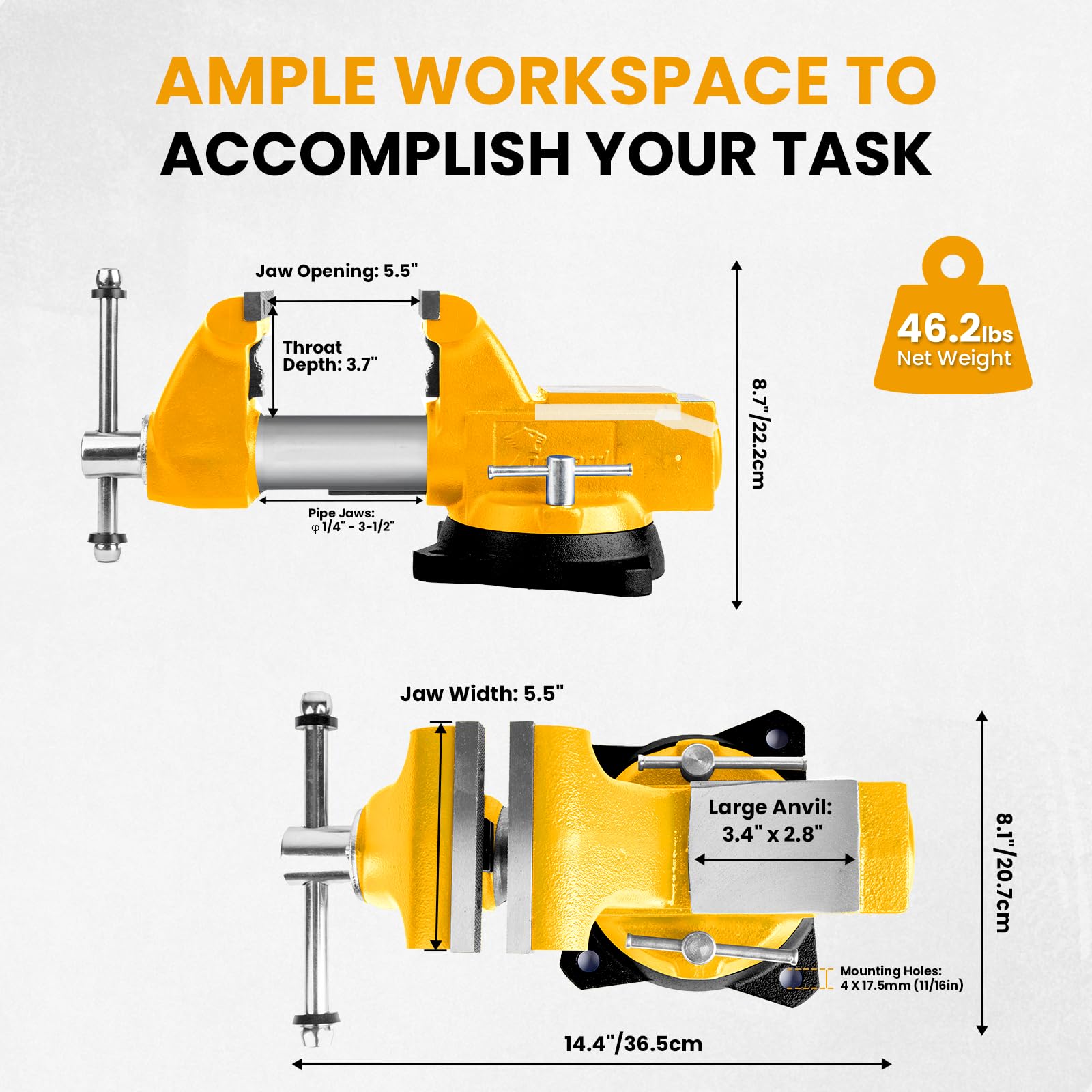 Forward 1755A Tornillo de banco de grado industrial de 5-1/2 pulgadas con mandíbulas de tubo de acero reemplazables, yunque y base giratoria de 360 grados, tornillo de banco de hierro de 5.5 pulgadas