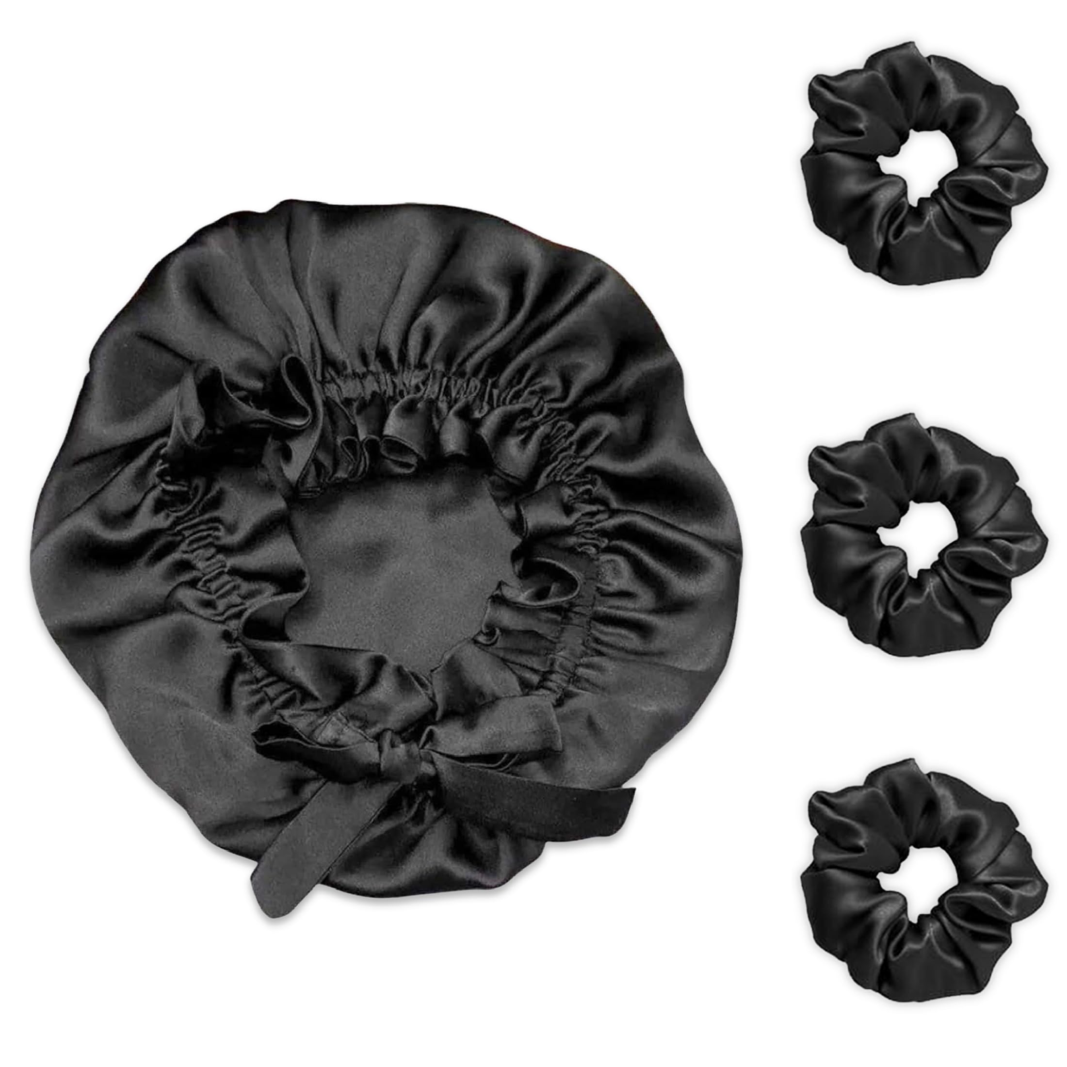 Bonnet Hair Care Protecting Cap, 1 Piece Bonnet with 3 Pieces of Satin Scrunchies Black Color, Help Protect Your Hair From Friction & Breakage