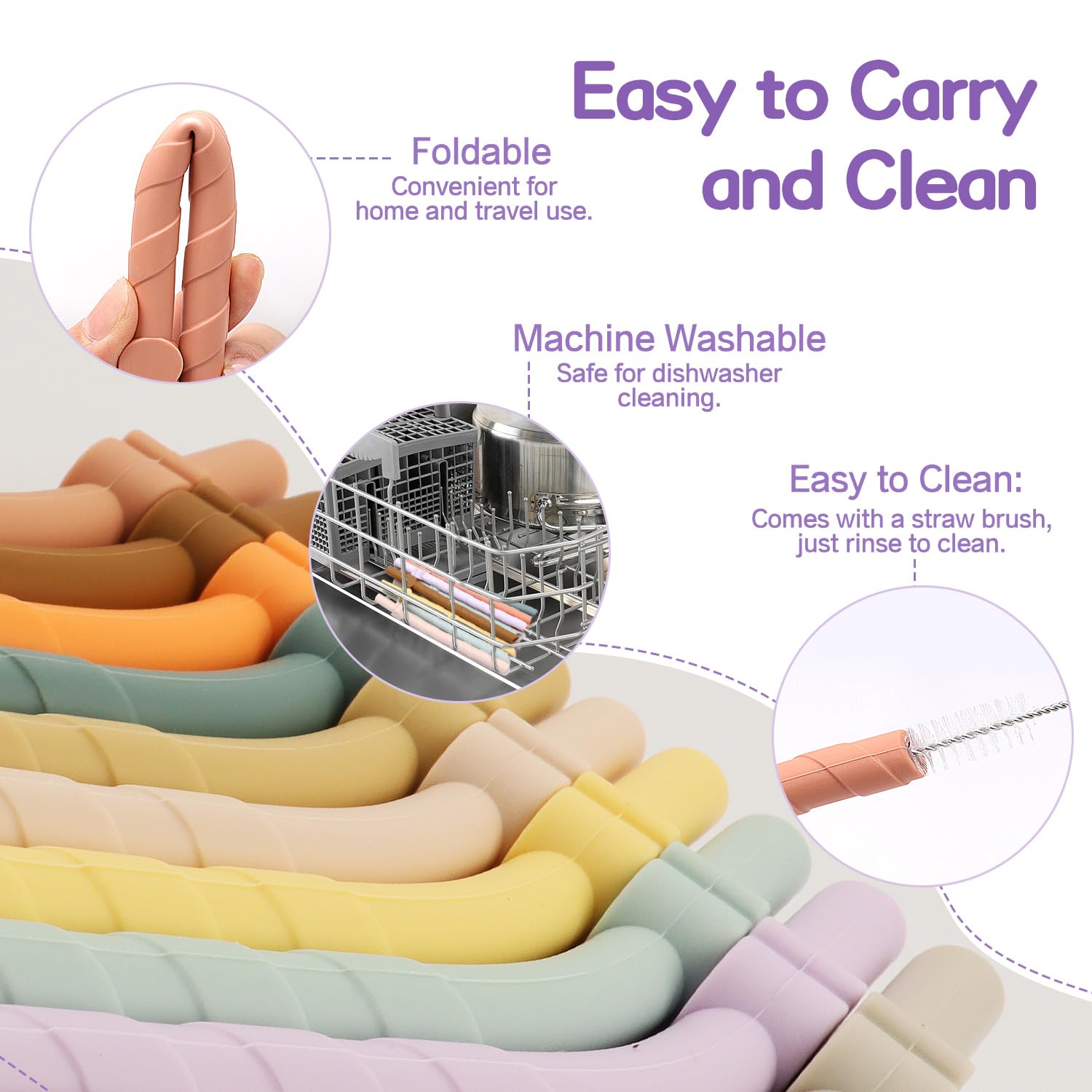 Pailles écologiques Pailles Réutilisables Irisana - Lot De 6 En Silicone Sans BPA Avec Brosse Paille Beaba