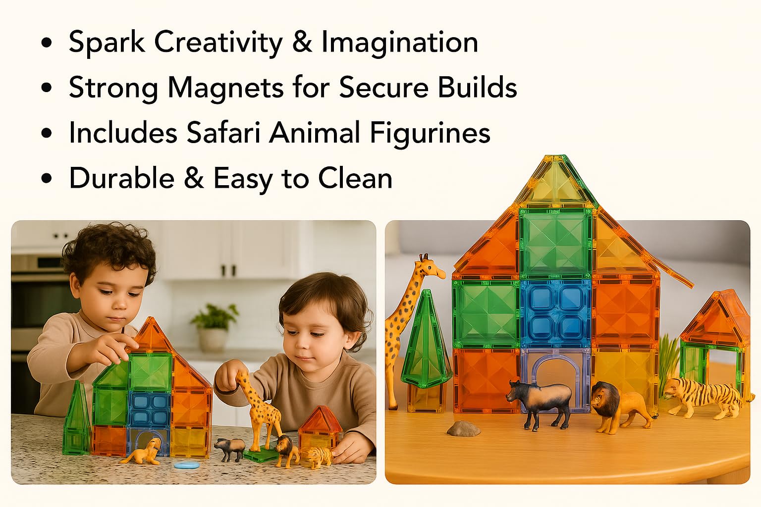 Magnetic Building Tiles Set 84 PCS, Safari Animal Figures & Colourful Tiles - Image 3