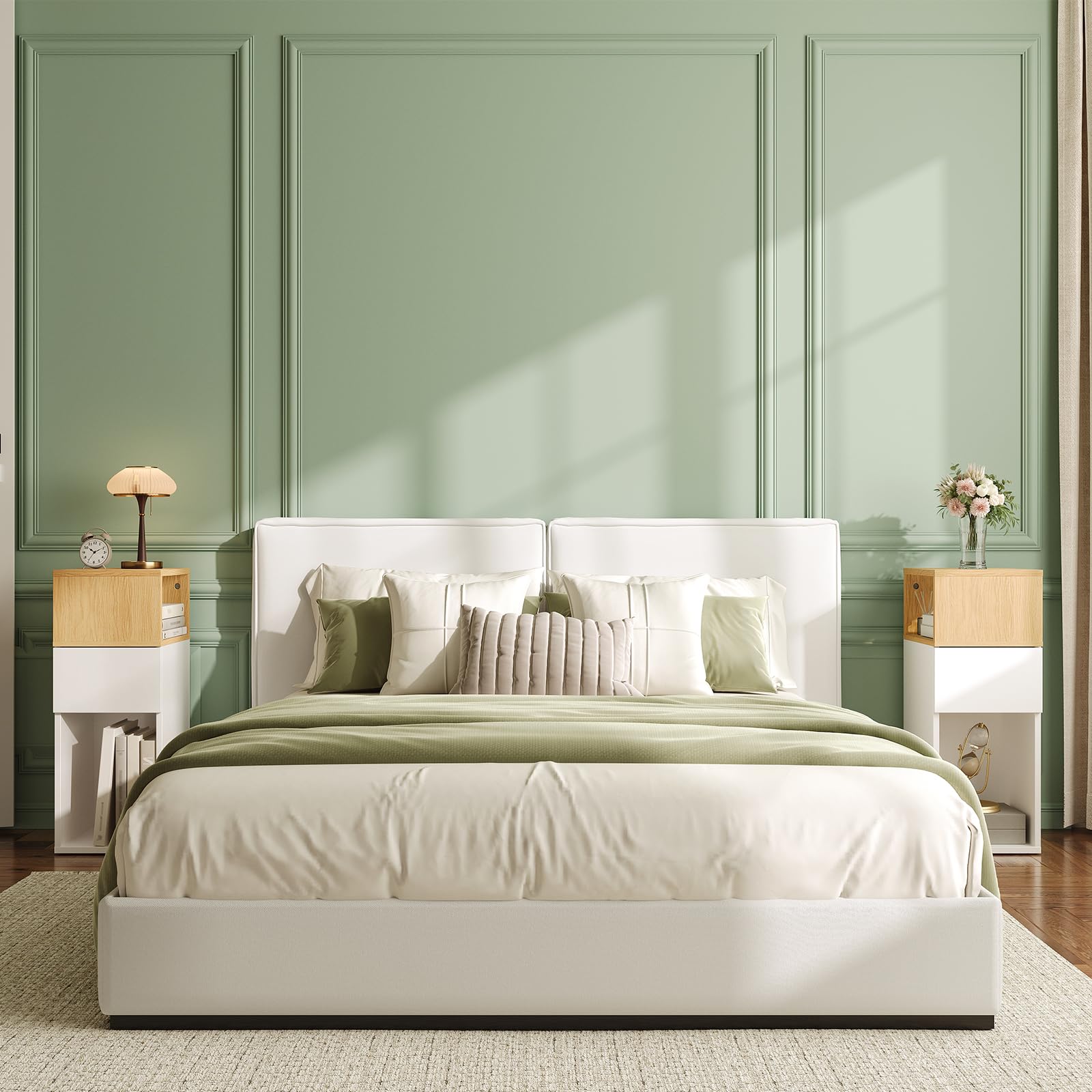 HOOBRO Mesita de Noche Estrecha con 1 Cajón y 2 Compartimentos Abiertos, Mesa Auxiliar Pequeña, Mesa Lateral para Sofá, para Dormitorio, Salón, Blanco y Natural EWN196BZ01