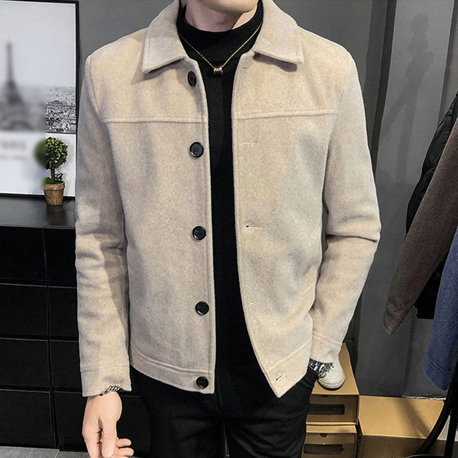 Maiyifu-GJ Men's Wool Blend Button Down Coat Single Breasted Lapel Short Pea Coat Vintage Stylish Classic Slim Fit Jacket (Light Grey,Medium)