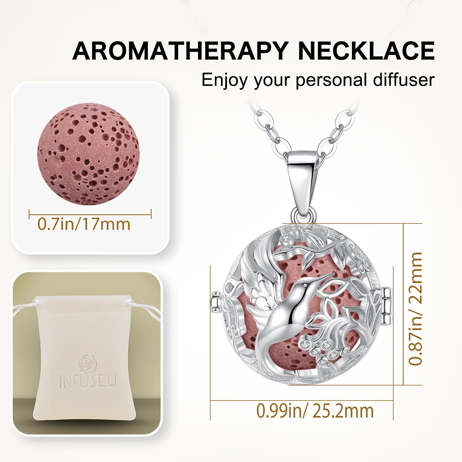 INFUSEU Regali per aromaterapia diffusore di oli essenziali, gioielli per donne, collane con ciondolo a forma di animali carini, 7 pietre laviche, catena da 61 cm