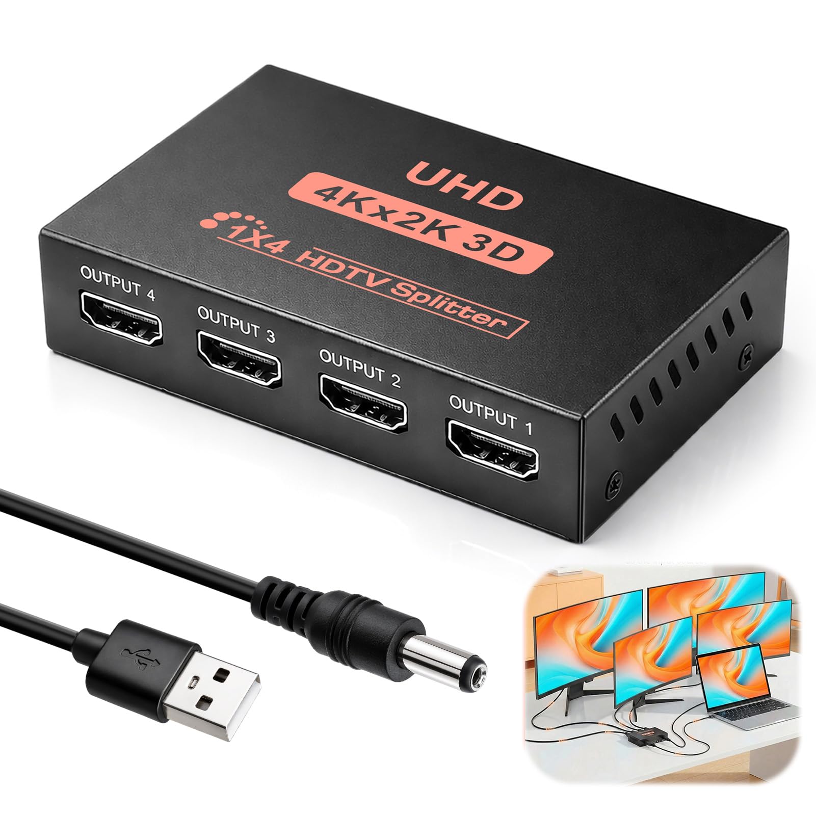HDMI Splitter 1 in 4 out, HDMI Switch 4K 3D 1080P Splitter HDMI Divisor 1 Entrada 4 Salidas Duplicar Espejo per 4 Monitor Compatible con PS4 PS3 BLU-Ray HDTV DVD DVR Xbox Monitor Proyector