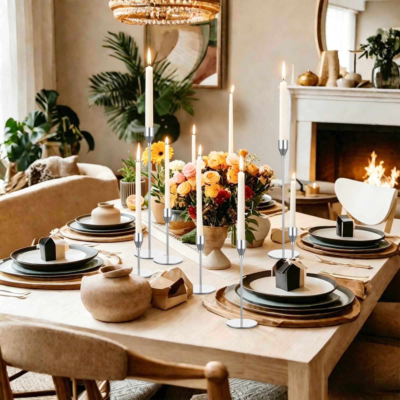 Juego de 12 portavelas de plata, candelabros franceses para velas puntiagudas, candelabros adecuados para velas de 3/4 pulgadas de grosor, candelabros para bodas, fiestas, hogar, cenas a la luz de las