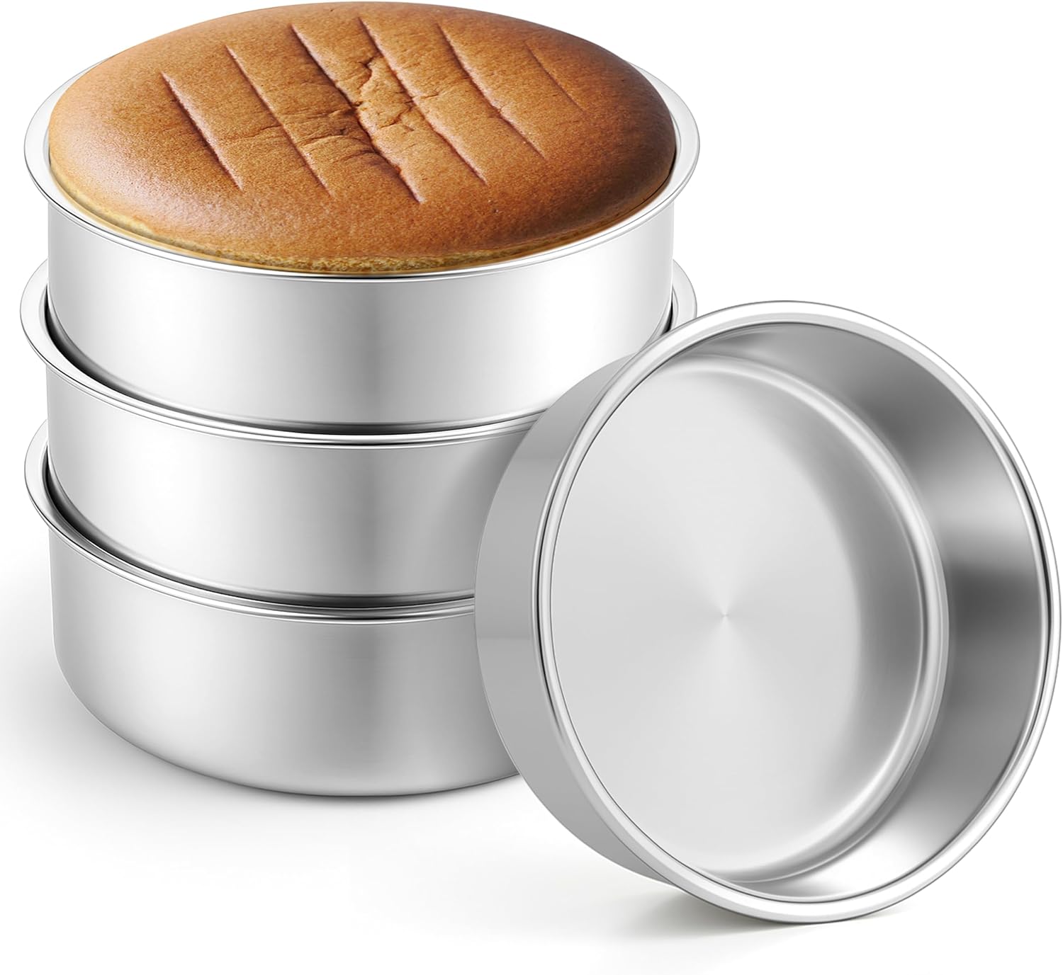 Leonyo 8 Inch Cake Pan Round 4 Pack, Stainless Steel 8Inch Round Cake Pans Tins Set for Baking, Metal Circle Layer Tin for Birthday Wedding Party, Dishwasher Oven Safe