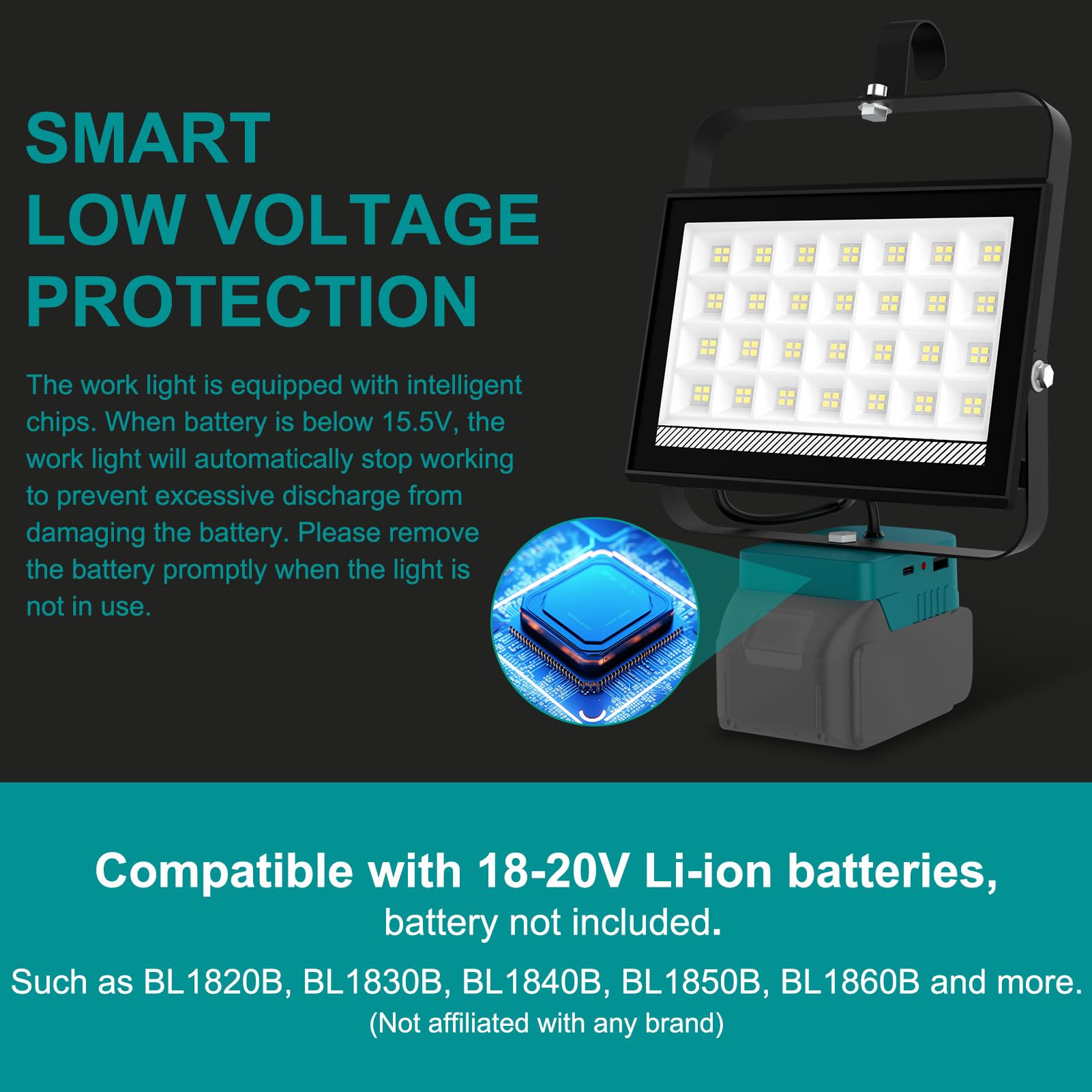 NATPOW Projecteur LED Compatible avec Makita 18V, 100W 6500LM Lampe de Chantier, 2 Modes 6000K Phare avec Type C et USB pour Chantier, Garage, Camping, Pêche, Sans Batterie