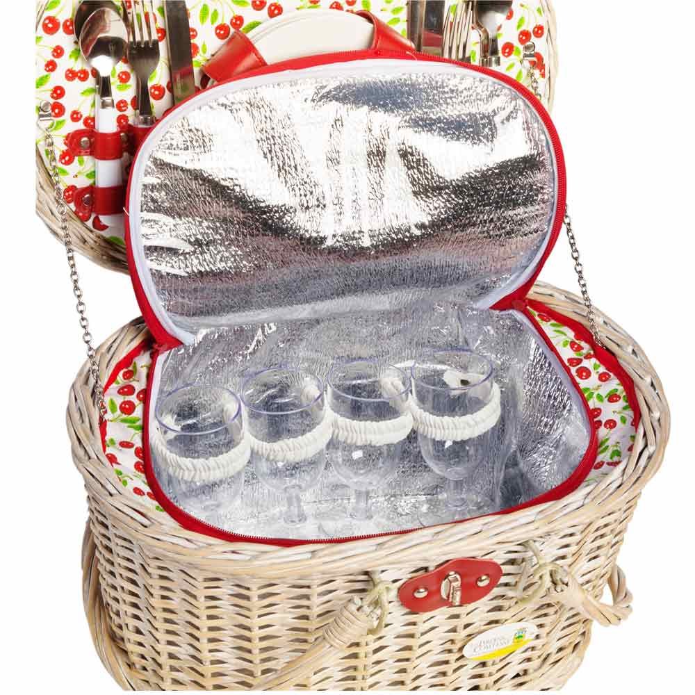 Les Jardins de la Comtesse - Panier Pique-Nique 4 Personnes Cheverny/Complet – Compartiment Isotherme - Panier pour Picnic en Osier - Forme et Tissu Original avec Motif Cerise- 45 x 31 x 24 cm