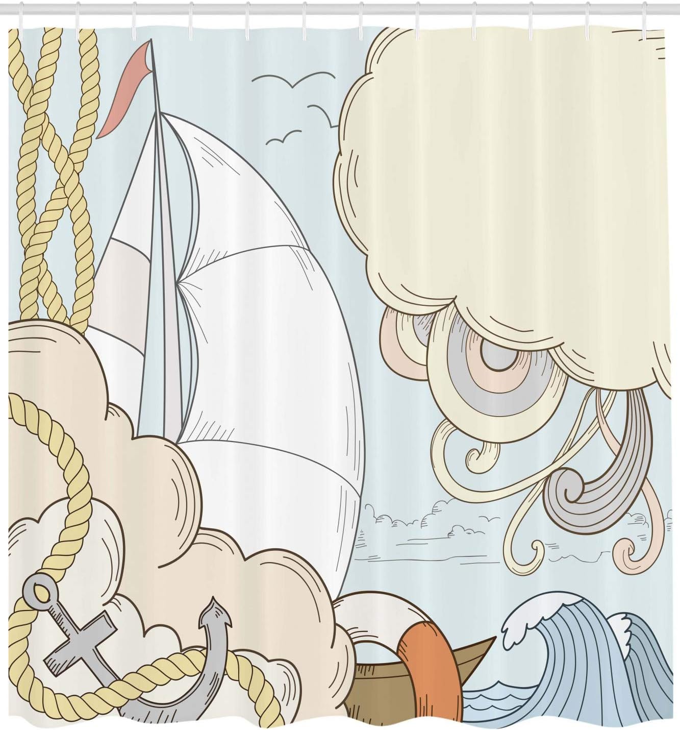 Ambesonne Anchor Shower Curtain, Retro Sailor with Boat and Sea Elements Gulls Exotic Adventure Cruising Theme, Cloth Fabric Bathroom Decor Set with Hooks, 69" W x 75" L, Pale Blue Cream