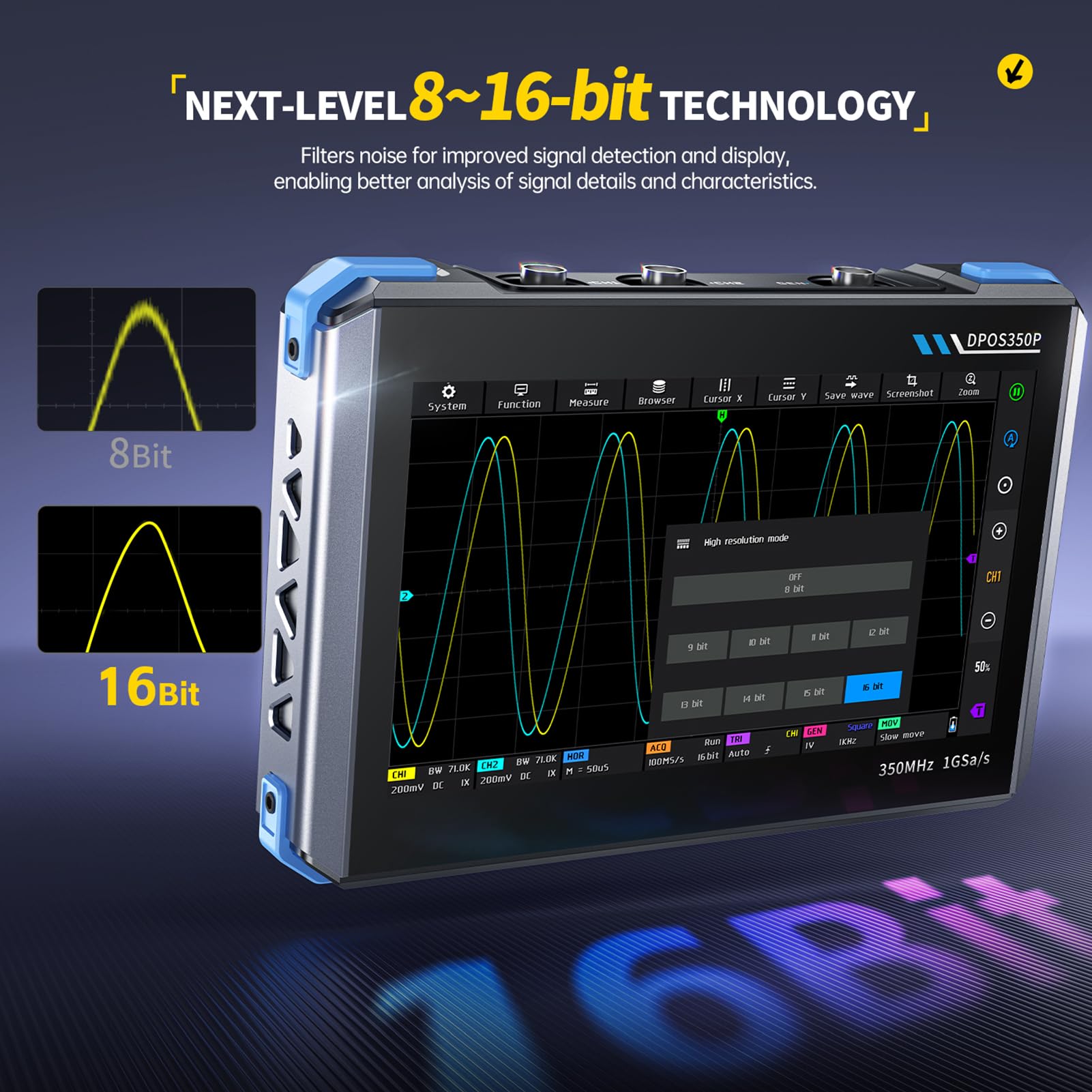 Oscilloscopio DPOS350P, 4 in 1 Oscilloscopio Portatile/Generatore di segnali/Analizzatore di spettro/Analizzatore di risposta in frequenza,Touch screen IPS da 7 pollici