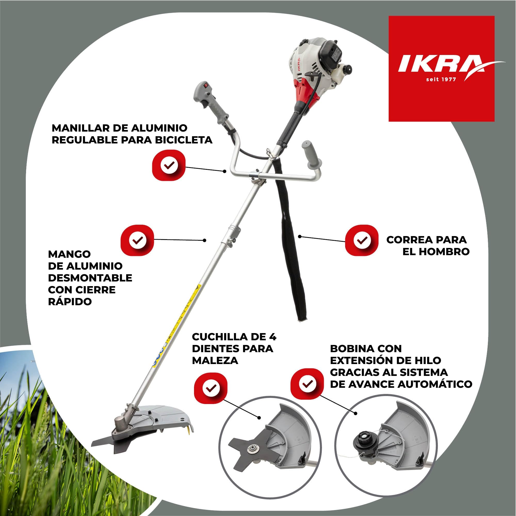 IKRA desbrozadora de Gasolina IBF 25-1 con Bobina de Hilo y Cuchilla | 25 cm³, 0,8 kW, motor de gasolina de 2 tiempos, ancho de corte de 23 cm, para cortar hierba alta, ramas pequeñas y maleza