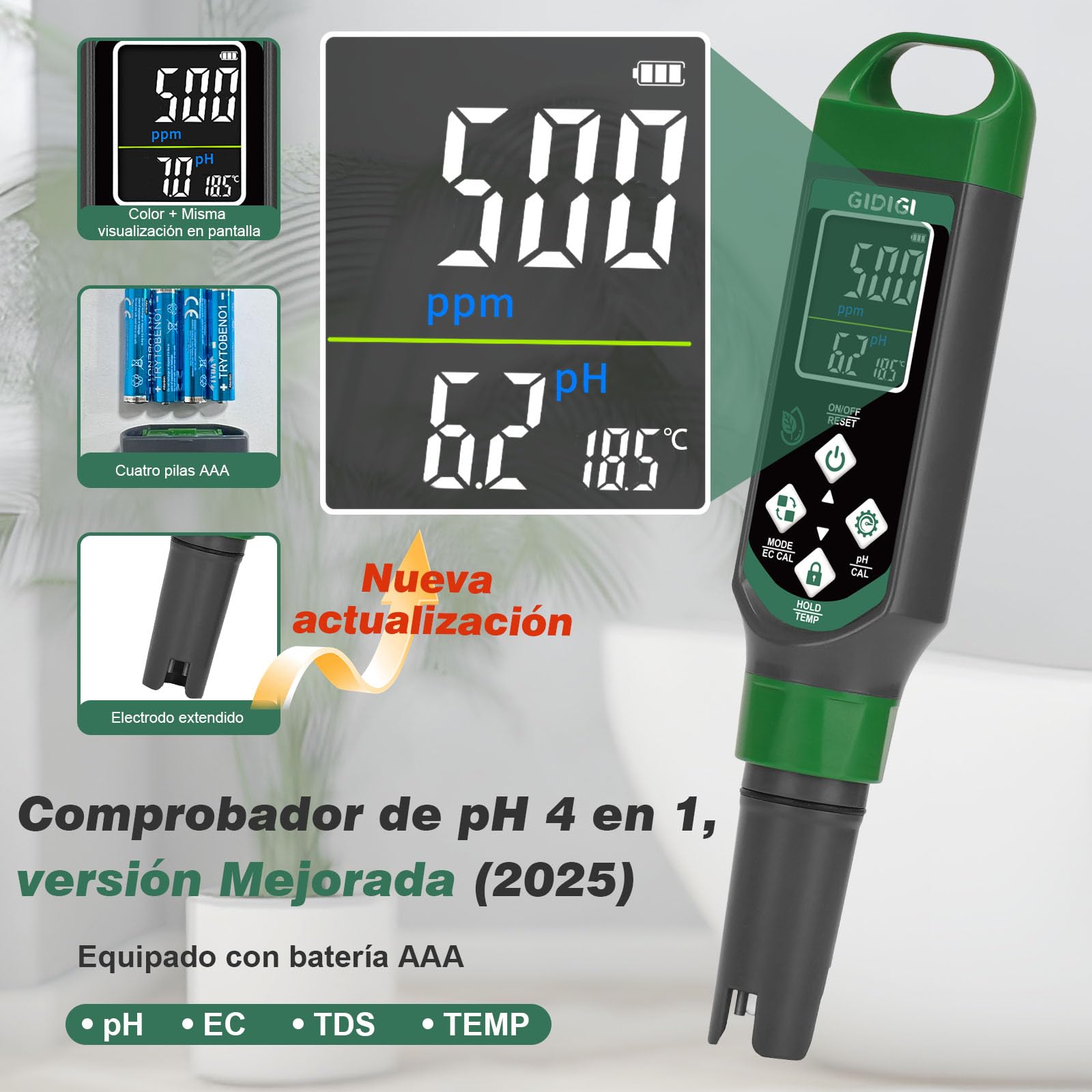 Medidor de pH y PPM 4 en 1 EC TDS TEMP con Pantalla a Color para Hidroponía Piscinas Cerveza