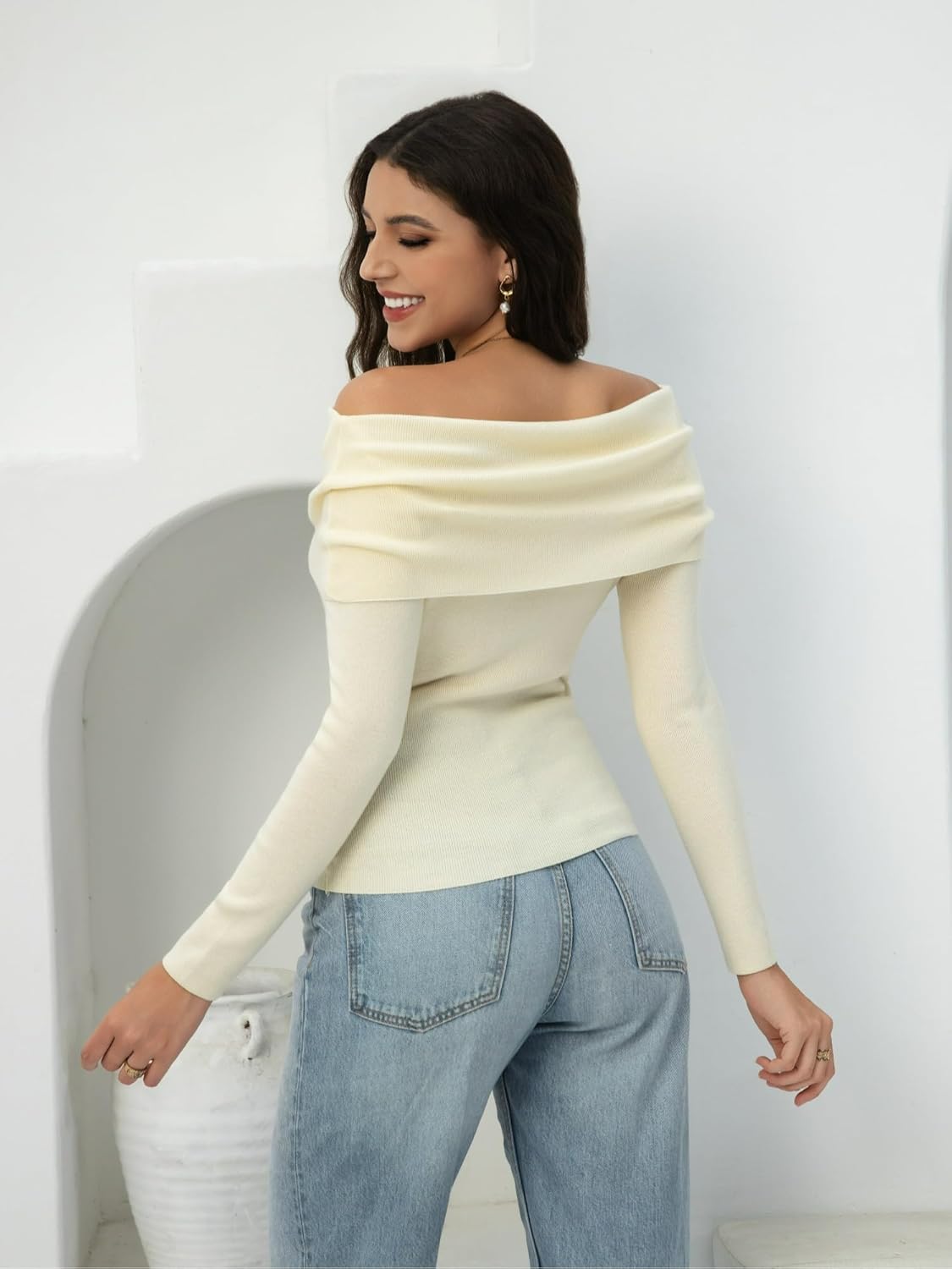 Women's Autumn Sweater, 2025 Casual Long Sleeve Off-The-Shoulder Strapless Knitted Sweater, Pullover Sweater Milky White - Image 2