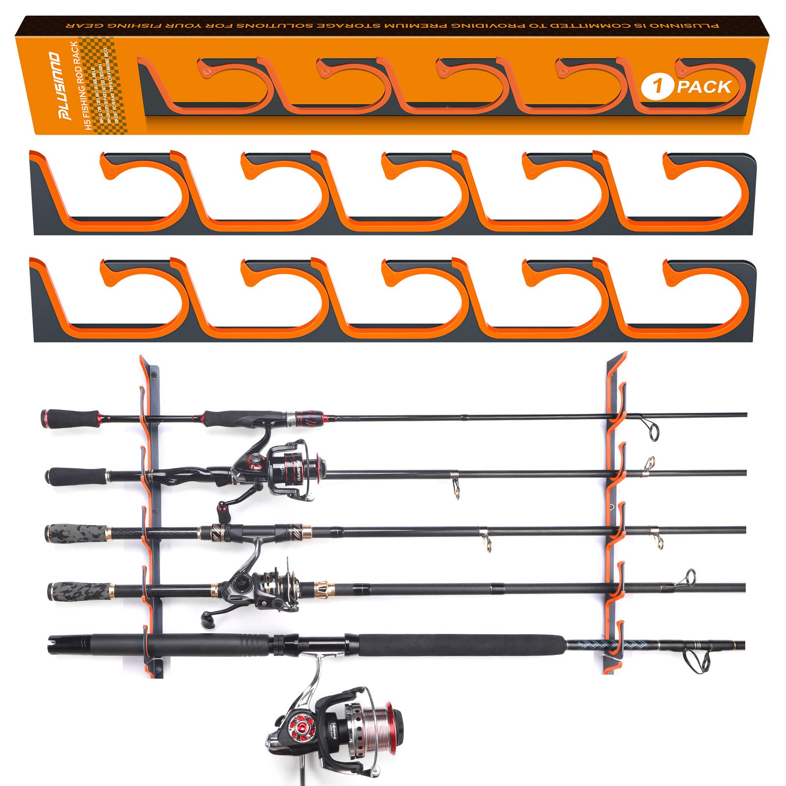 PLUSINNO H5 Horizontal Fishing Rod/Pole Holders for Garage, Wall or Ceiling Mounted Fishing Rod Rack, Aviation Aluminum Fishing Holder Holds up to 5/10/20 Rod or Combos or Nets Storage Racks