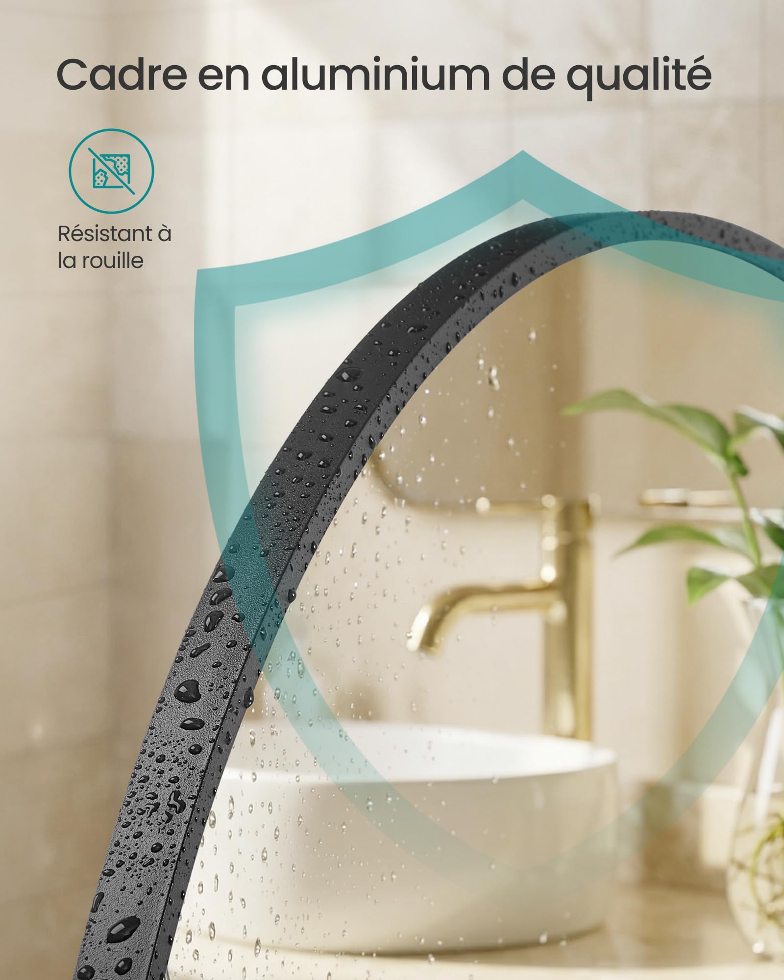 SONGMICS Miroir Salle de Bain, Miroir Mural Arqué, Cadre en Aluminium, 40 x 30 cm, avec Film de Sécurité, Montage Facile, pour Salon, Chambre, Salle de Bain, Noir d'encre LWM013BD01