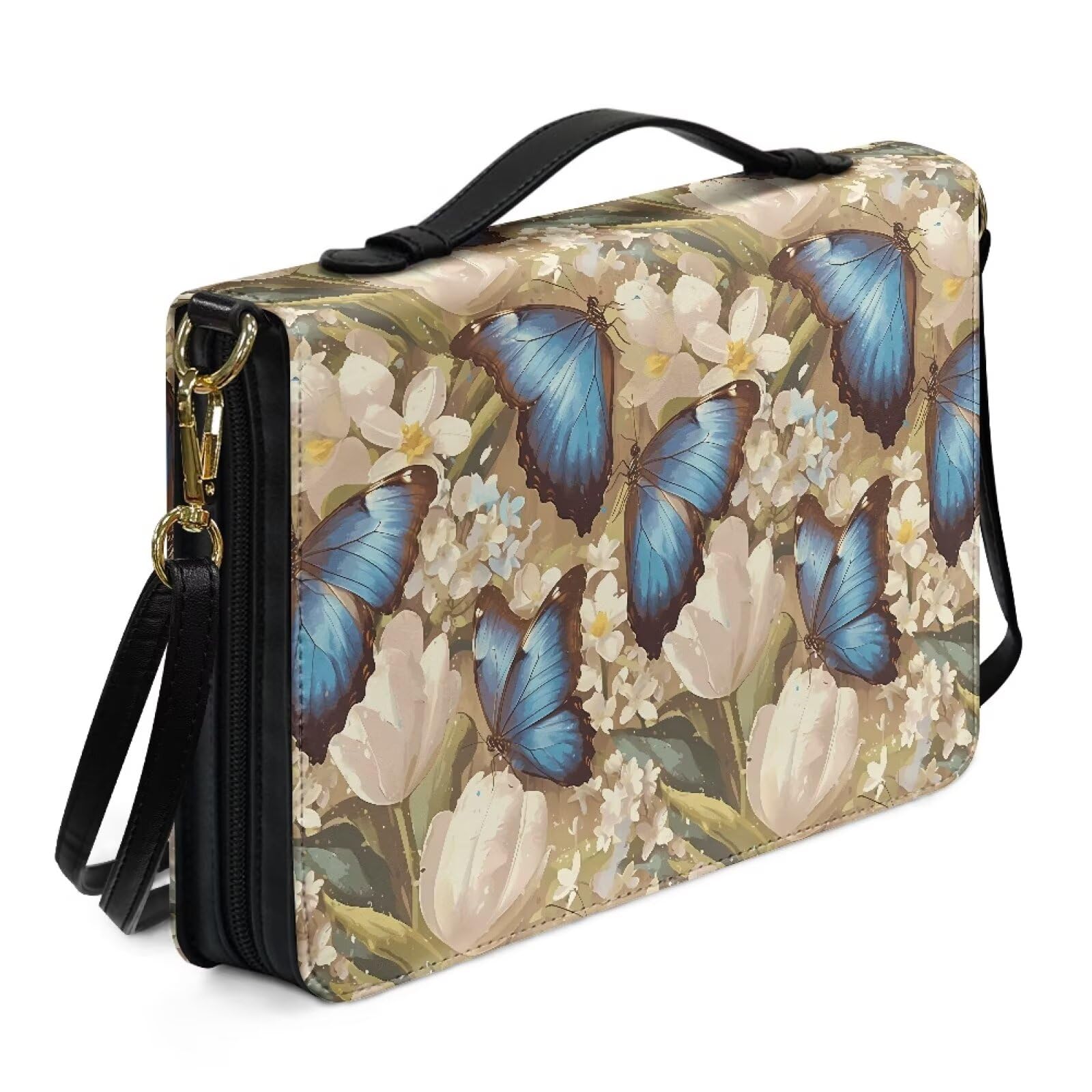 Kuiaobaty Butterfly Bible Case with Handle & Pen Pocket,Tulip Floral Print Bible Case Large Women Butterflies Bible Carrying Case with Shoulder Strap