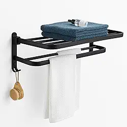 Porta Toalha Toalheiro para Banheiro com Prateleira e Ganchos Suporte Duplo que Não Enferruja Organizador de Parede em Alumínio Preto Fosco