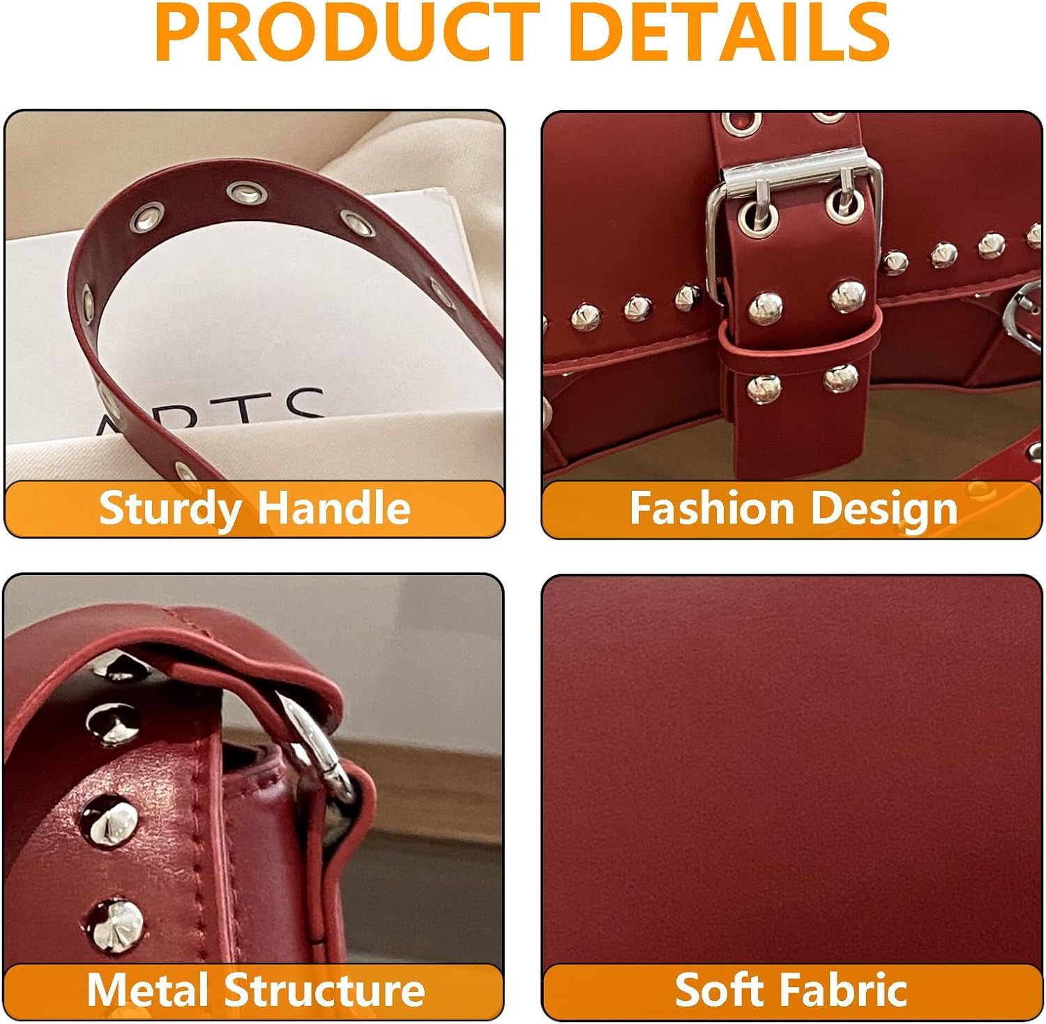 Women Studded Rivet Punk Shoulder Bags Y2K Trendy Purse PU Leather Hobo Bag Small Clutch Cute Purse - Image 4