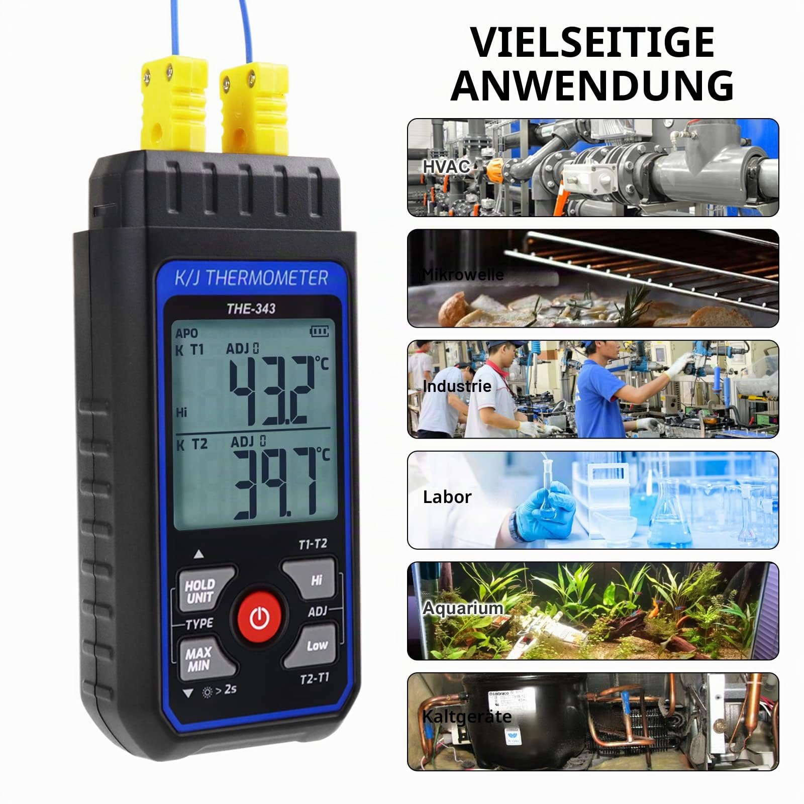 Digitales K-Typ-Thermometer Thermoelement-Thermometer -200-1372℃ Dual-Kanäle LED-Hintergrundbeleuchtung ADJ-Kompensation