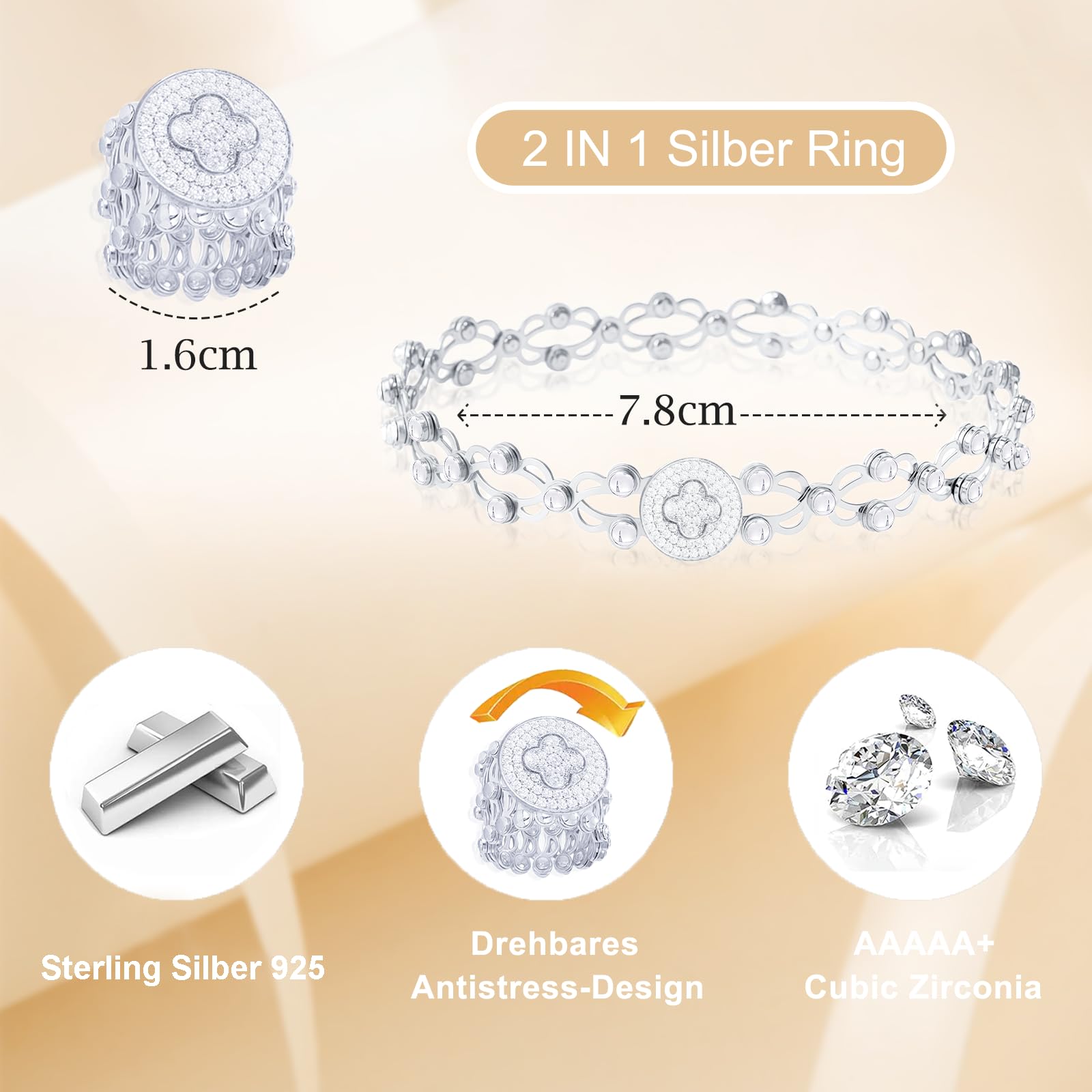 YOEE Anxiety Anello retrattile da donna 2 in 1, anello in argento Sterling 925, anti-stress, elastico Anxiety Fidget, braccialetto spinner fidget anello gioielli antistress unisex