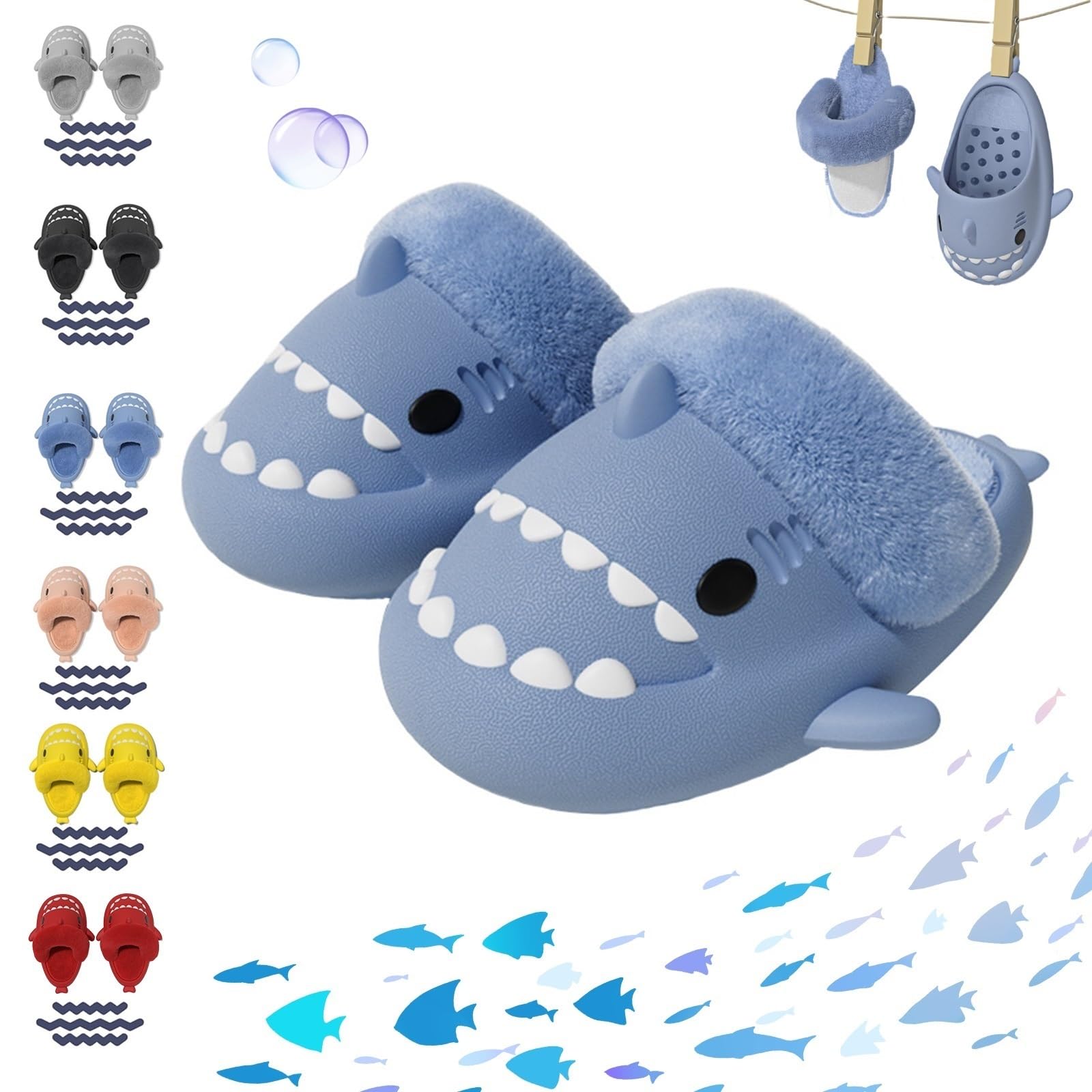 Overhil1s Shark Fuzzy Slippers for Kids and Adult Removable Lining Winter Cozy Warm Waterproof Non-Slip Cloud Shark Slides Slippers(Blue,44/45 EU)